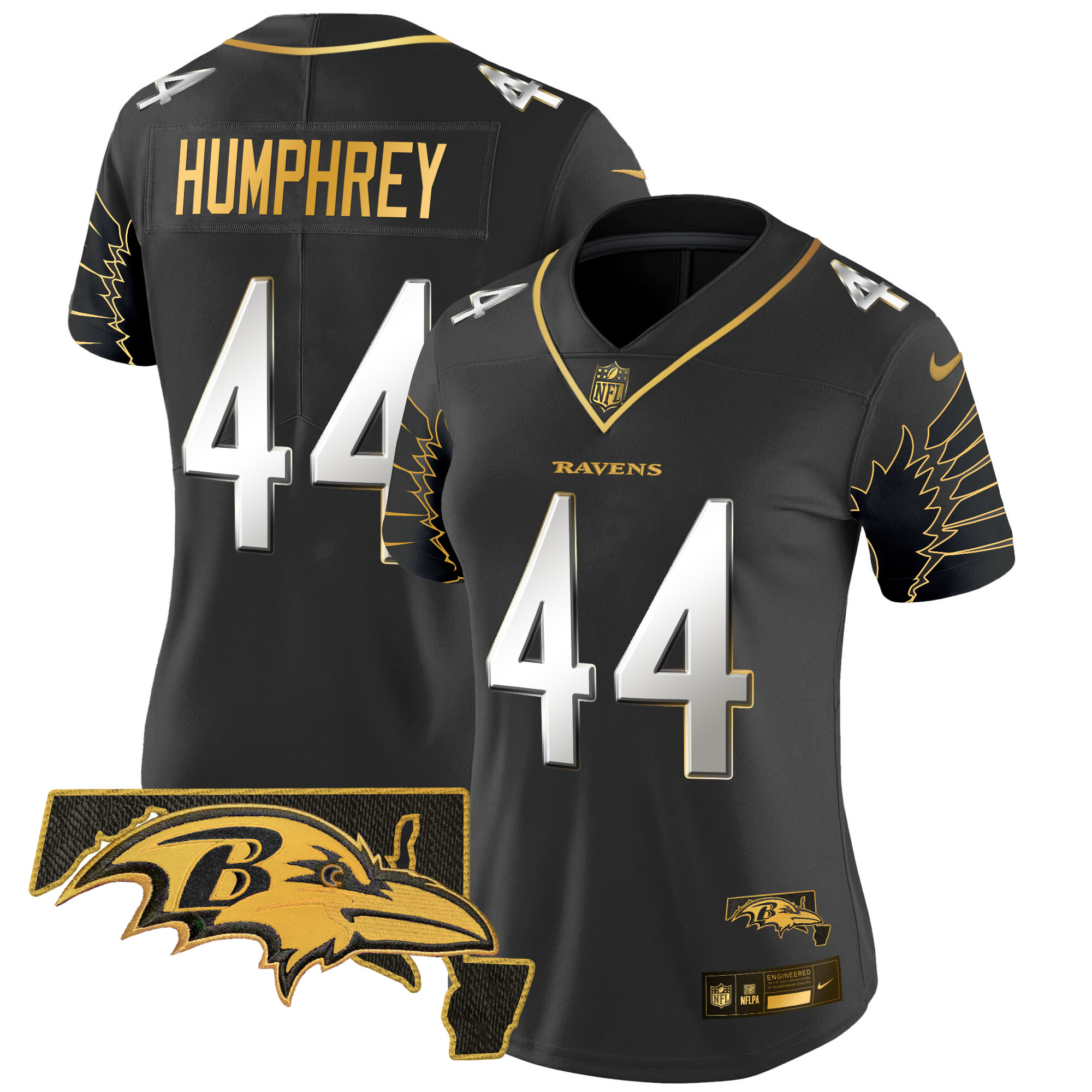 Women's Marlon Humphrey Baltimore Ravens Maryland Patch Gold Vapor Limited Black Limited Jersey - All Stitched
