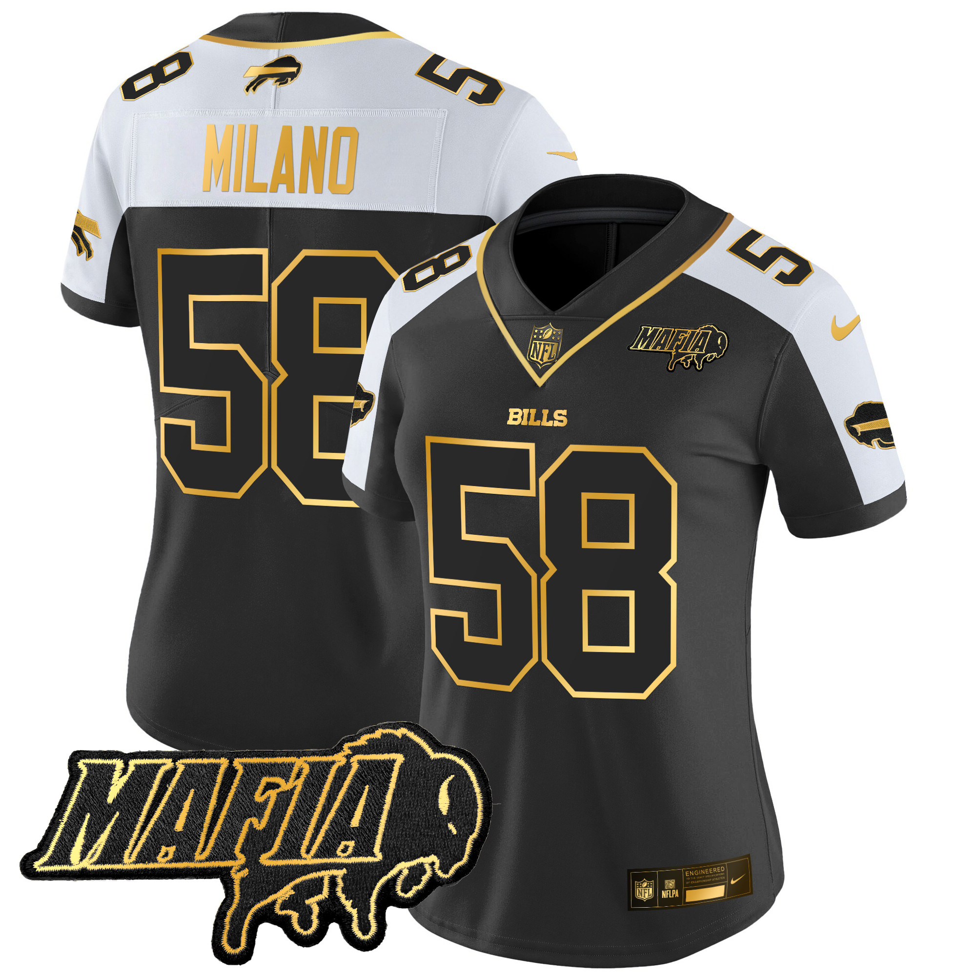 Women's Matt Milano Buffalo Bills 2024 Buffalo Bills Mafia Patch Gold Vapor Limited Alternate Jersey - All Stitched