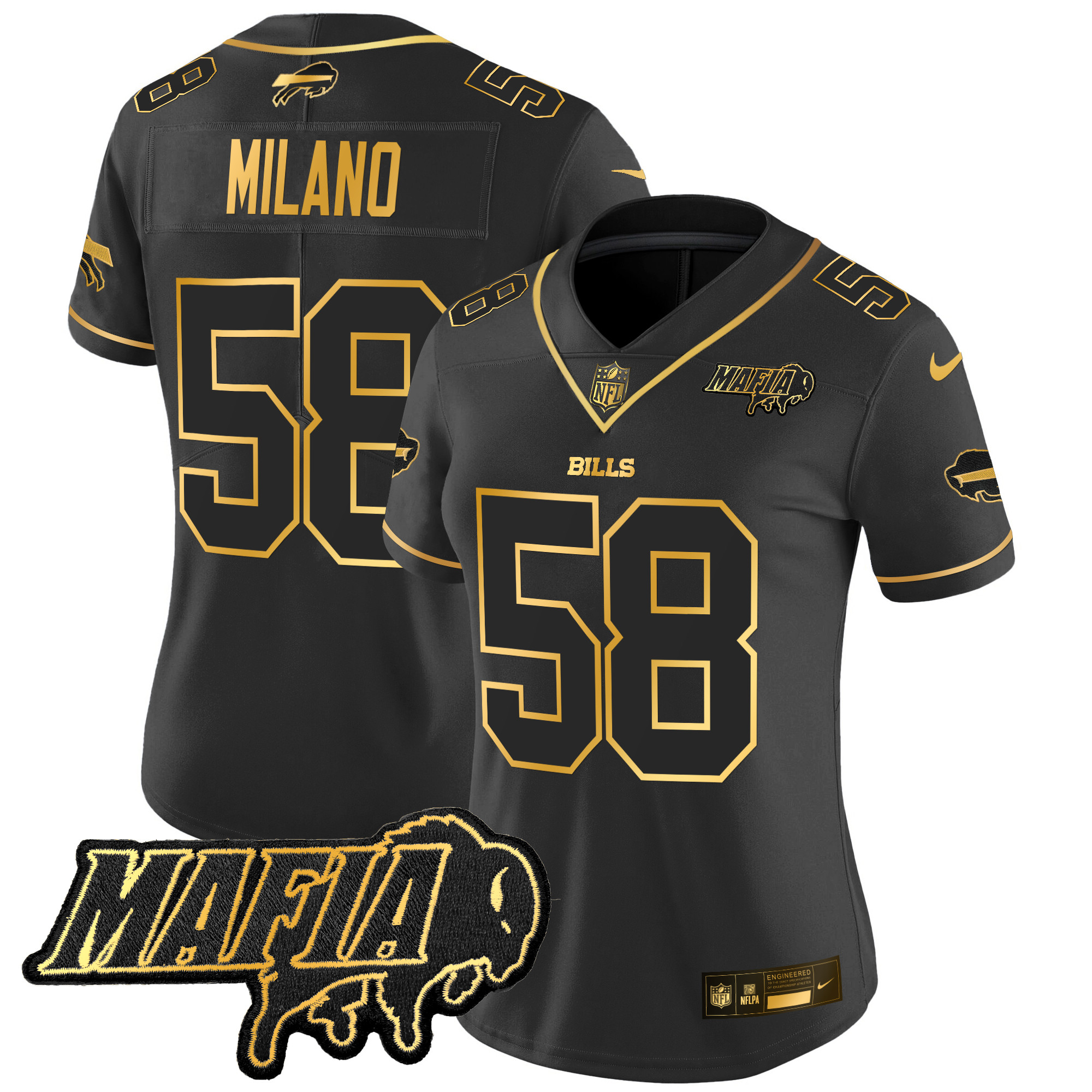 Women's Matt Milano Buffalo Bills 2024 Buffalo Bills Mafia Patch Gold Vapor Limited Black Gold Jersey - All Stitched