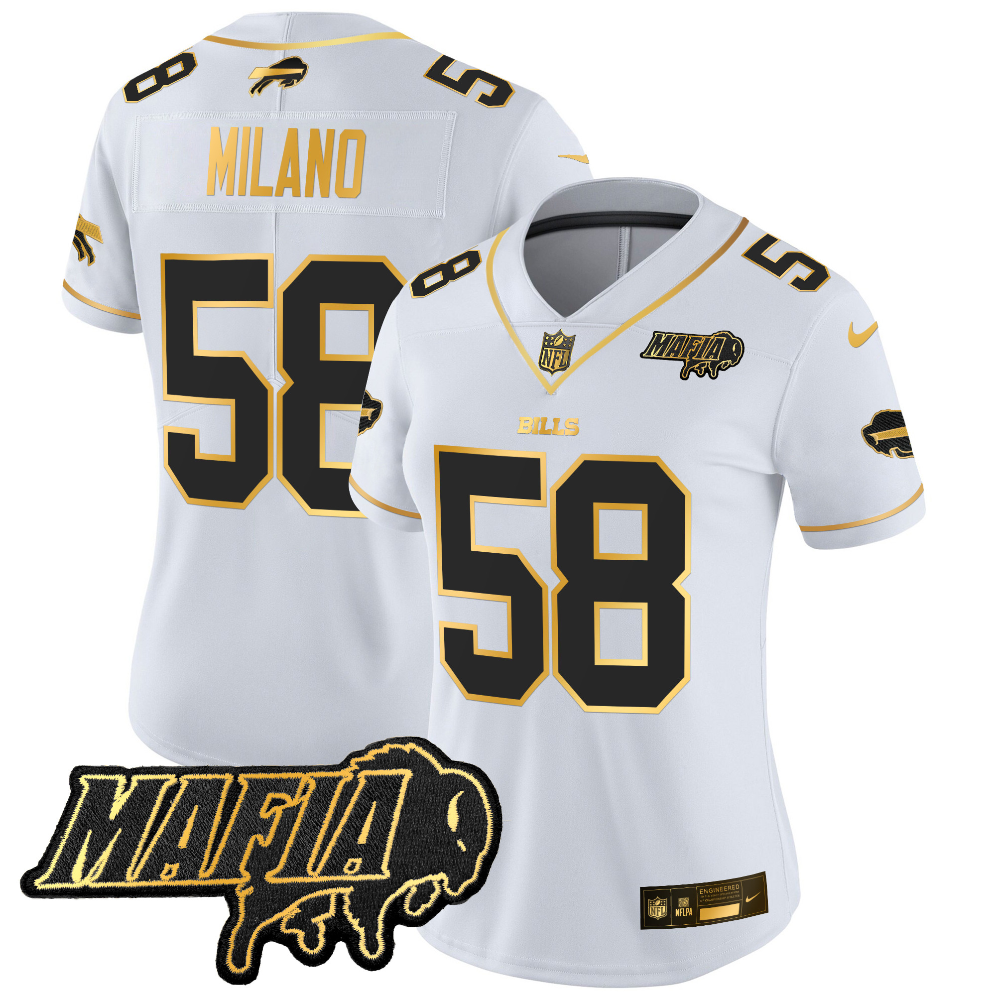 Women's Matt Milano Buffalo Bills 2024 Buffalo Bills Mafia Patch Gold Vapor Limited White Gold Jersey - All Stitched