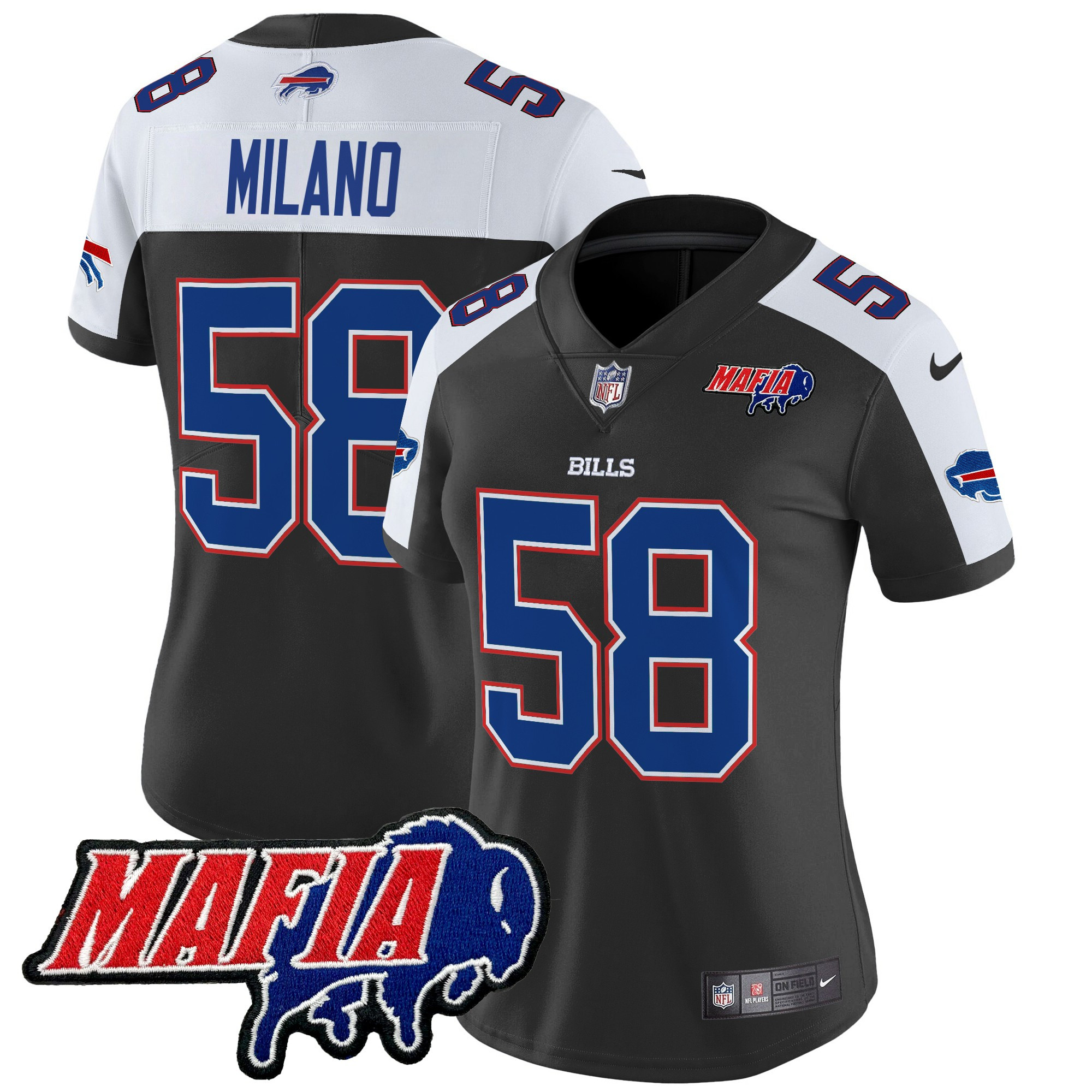 Women's Matt Milano Buffalo Bills 2024 Buffalo Bills Mafia Patch Vapor Limited Black Alternate Jersey - All Stitched