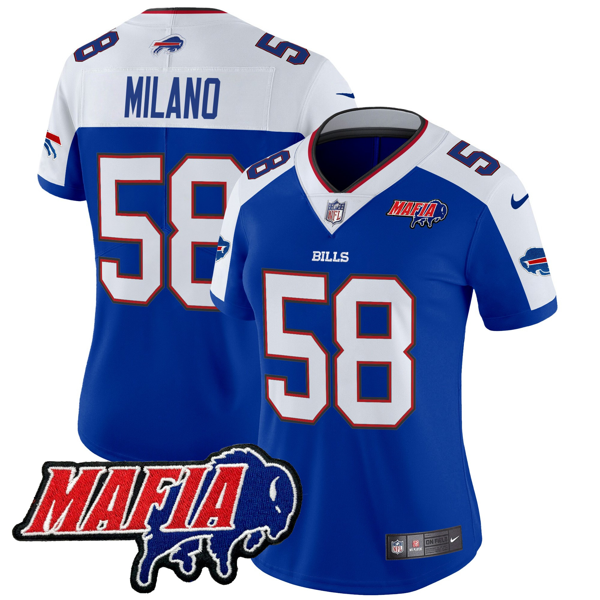 Women's Matt Milano Buffalo Bills 2024 Buffalo Bills Mafia Patch Vapor Limited Royal Alternate Jersey - All Stitched