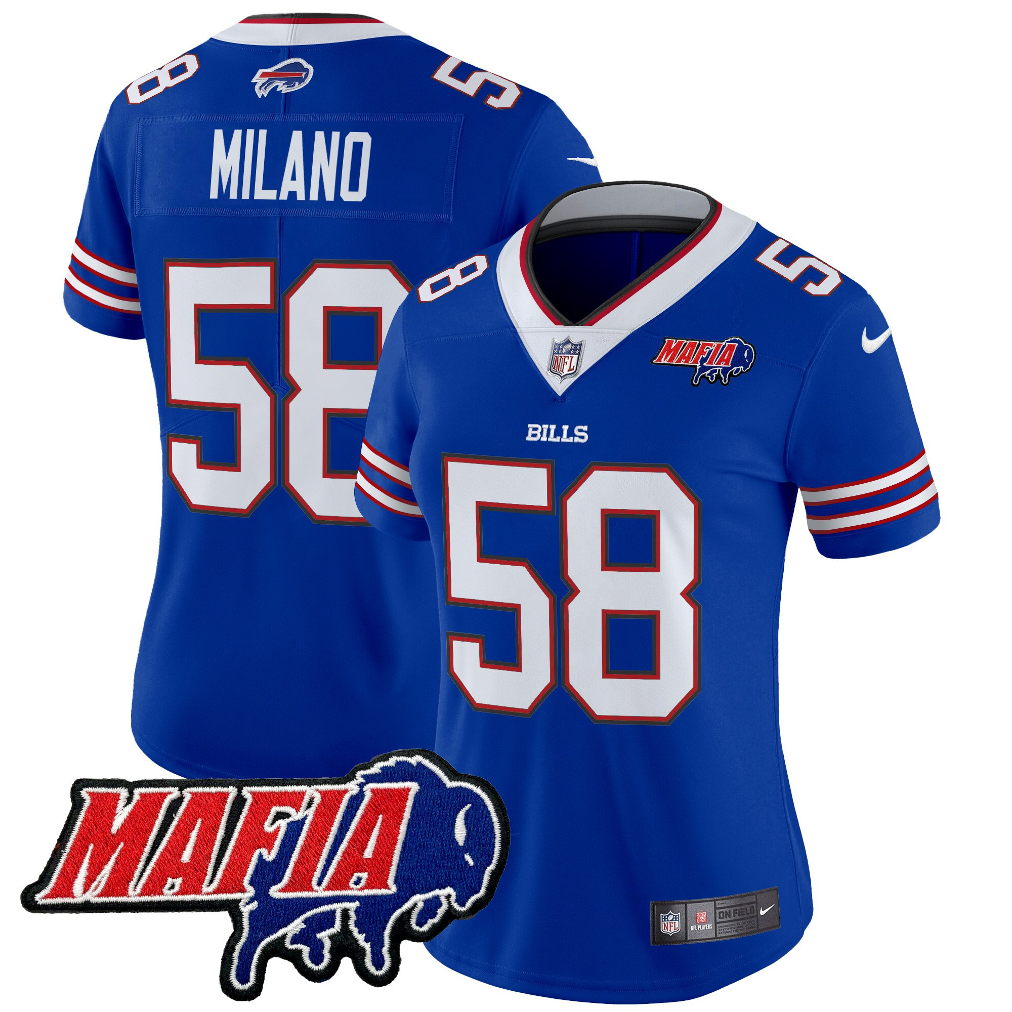 Women's Matt Milano Buffalo Bills 2024 Buffalo Bills Mafia Patch Vapor Limited Royal Jersey - All Stitched