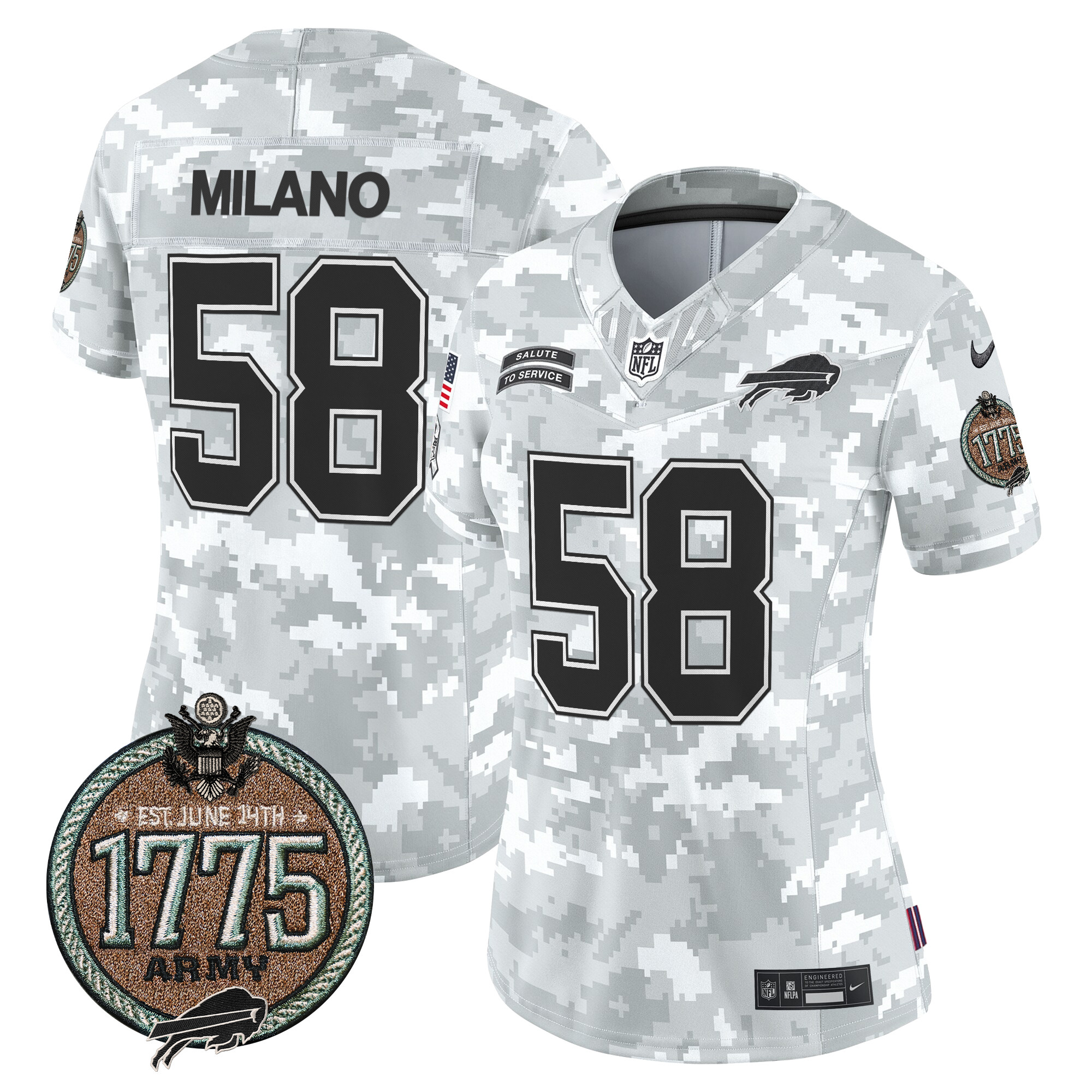 Women's Matt Milano Buffalo Bills 2024 Salute to Service Establishment Year Patch Vapor Limited Army Jersey - All Stitched
