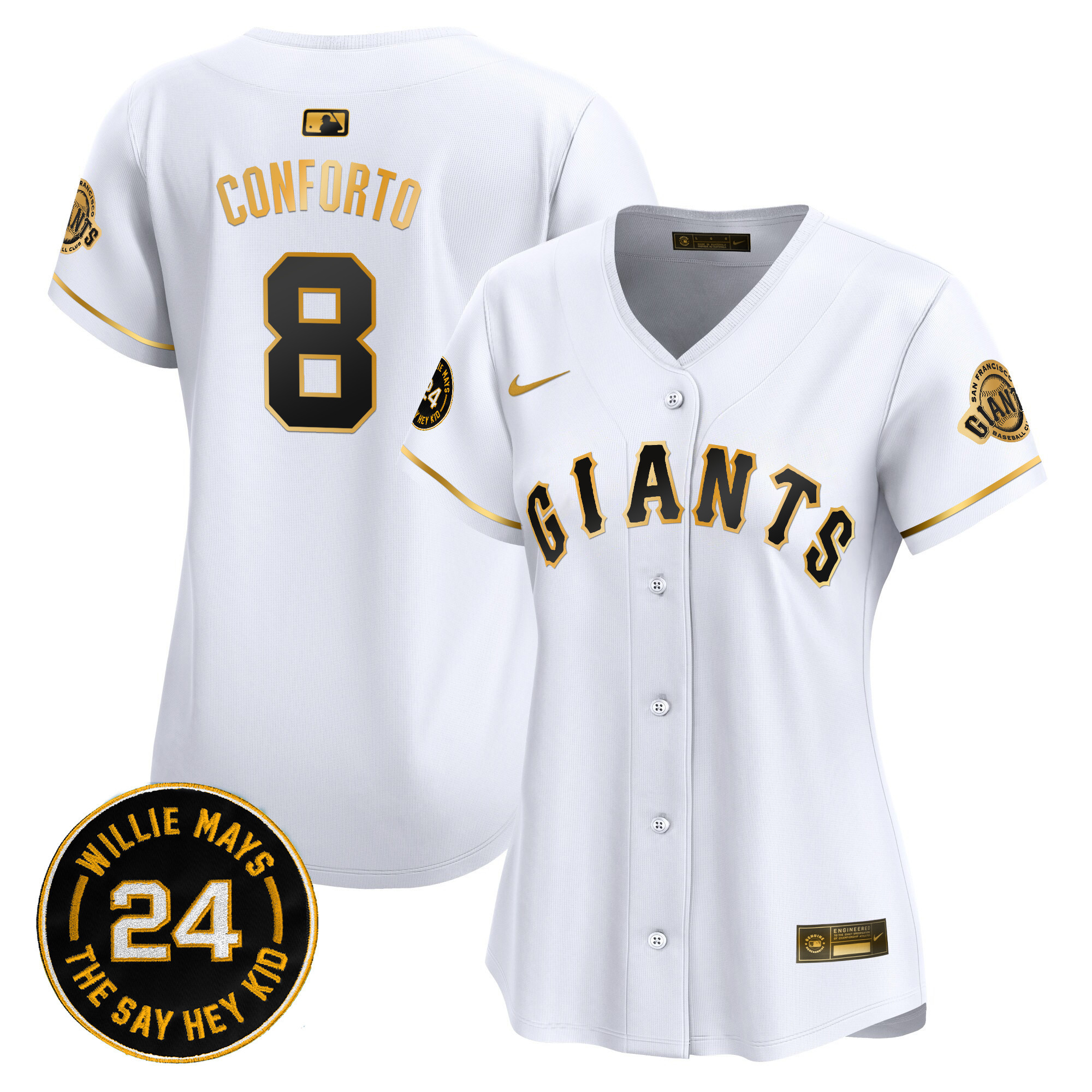 Women's Michael Conforto San Francisco Giants 2024 Willie Mays Patch Vapor Premier Limited White Gold Jersey - All Stitched