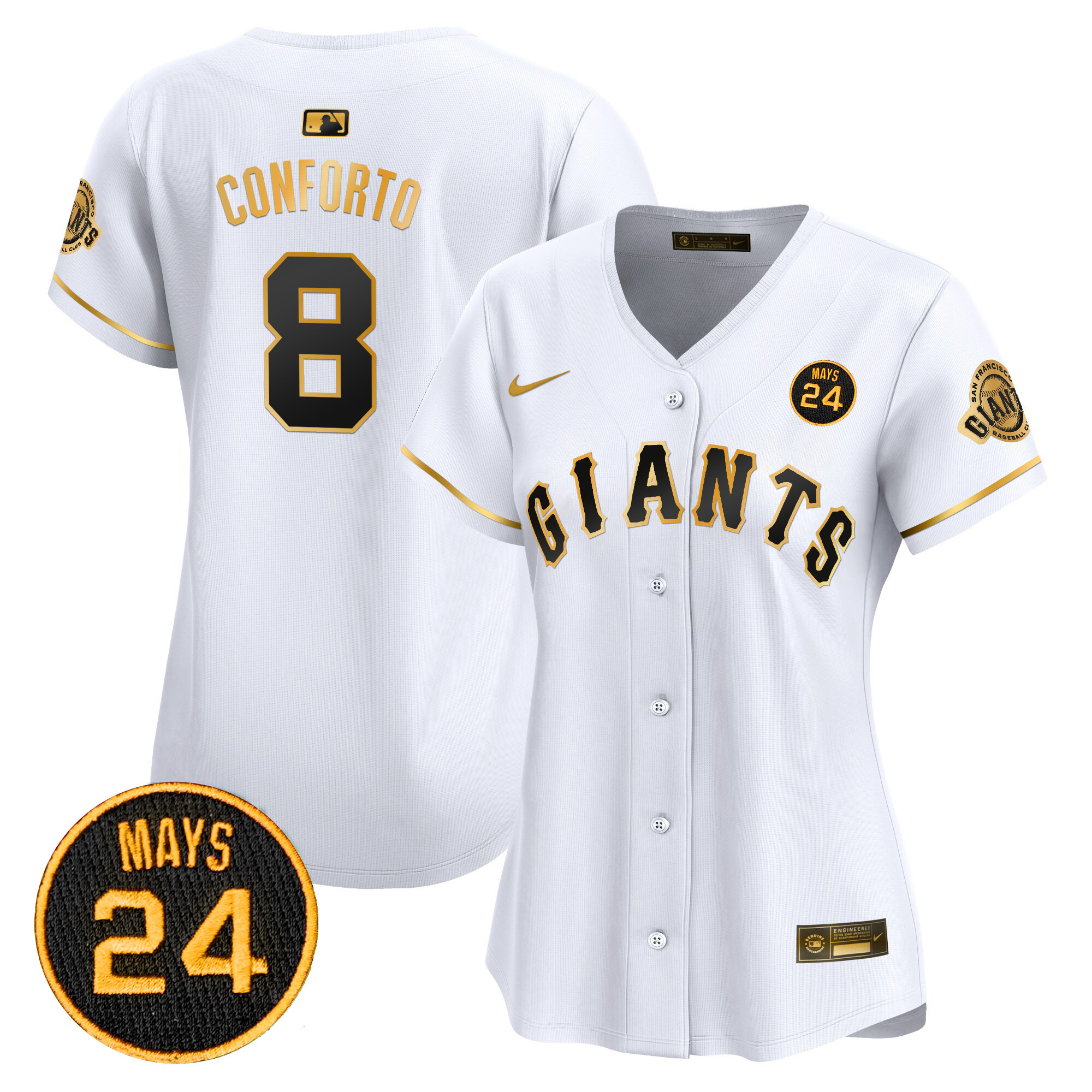 Women's Michael Conforto San Francisco Giants 2024 Willie Mays Patch Vapor Premier Limited White Gold Jersey V3 - All Stitched
