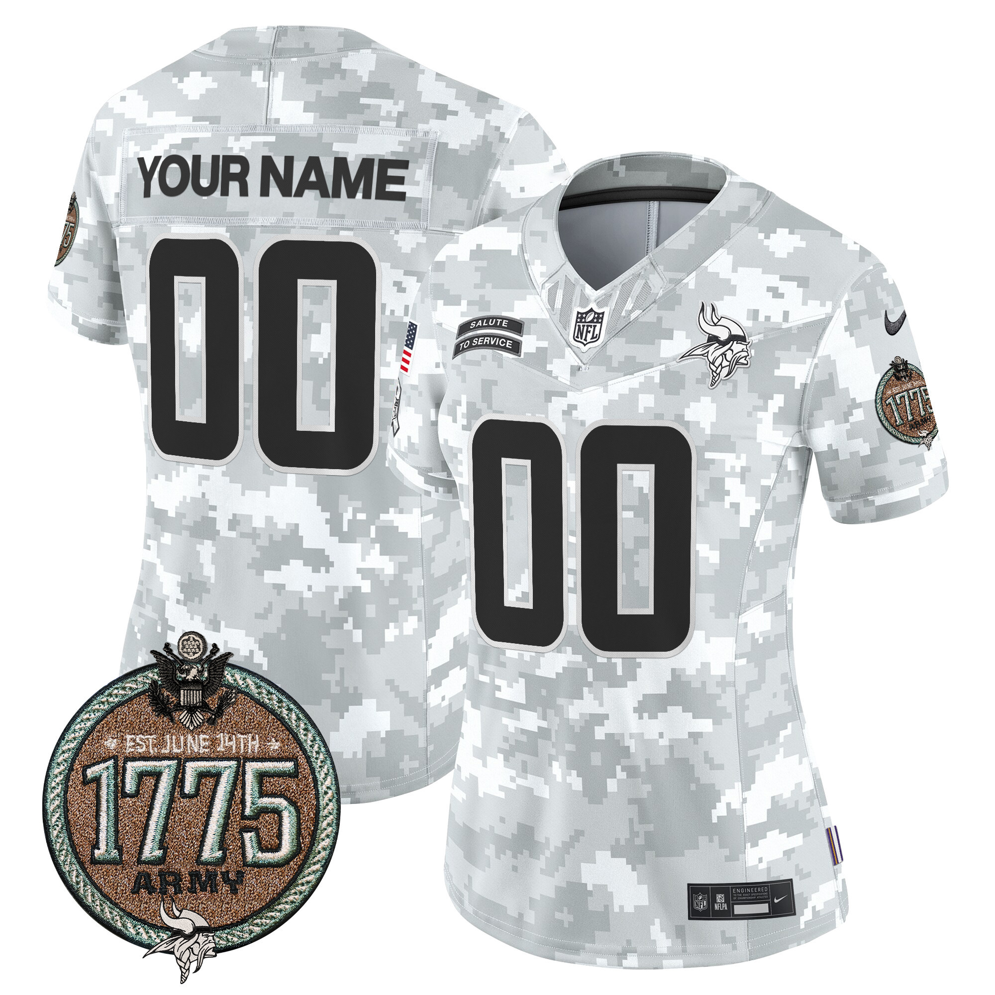 Women's Minnesota Vikings 2024 Salute to Service Establishment Year Patch Vapor Limited Custom Army Jersey - All Stitched