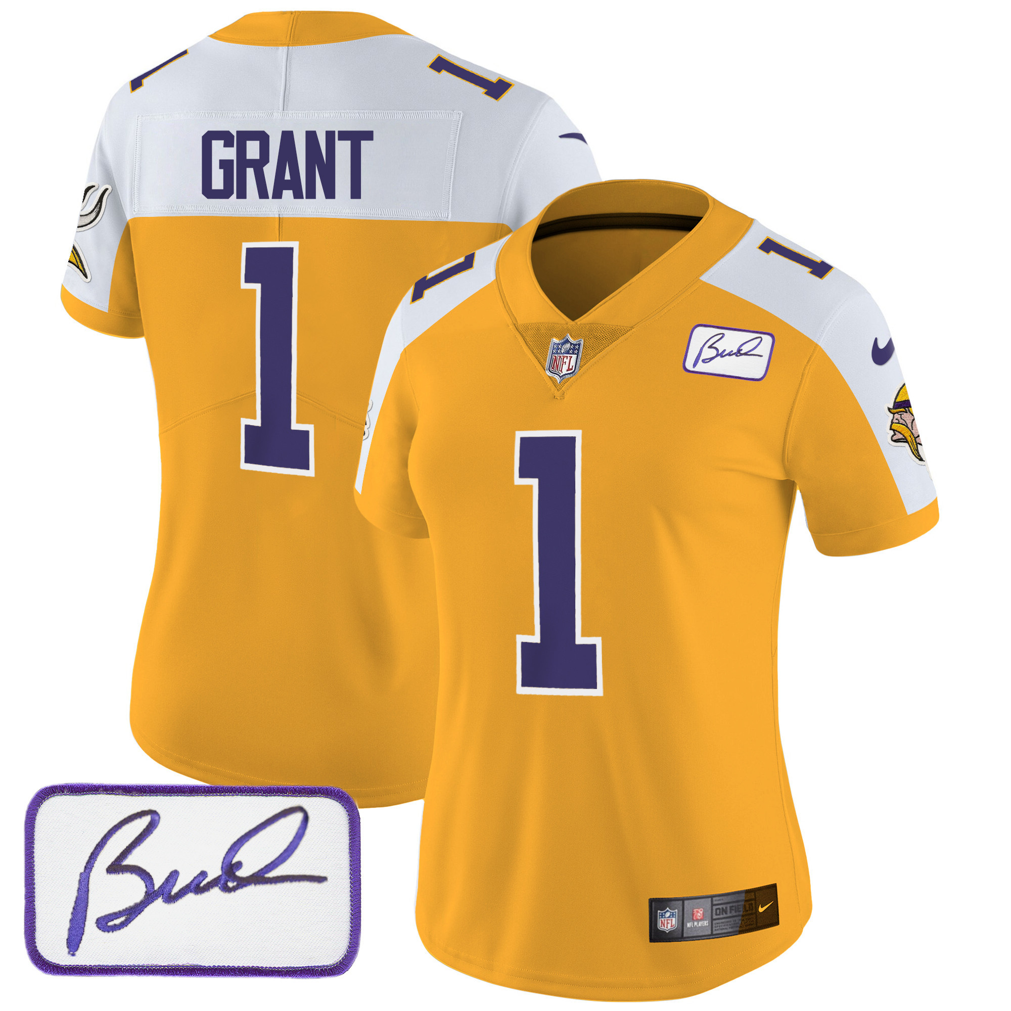 Women's Minnesota Vikings Bud Grant Patch Classic Limited V3 Gold Alternate Jersey - All Stitched