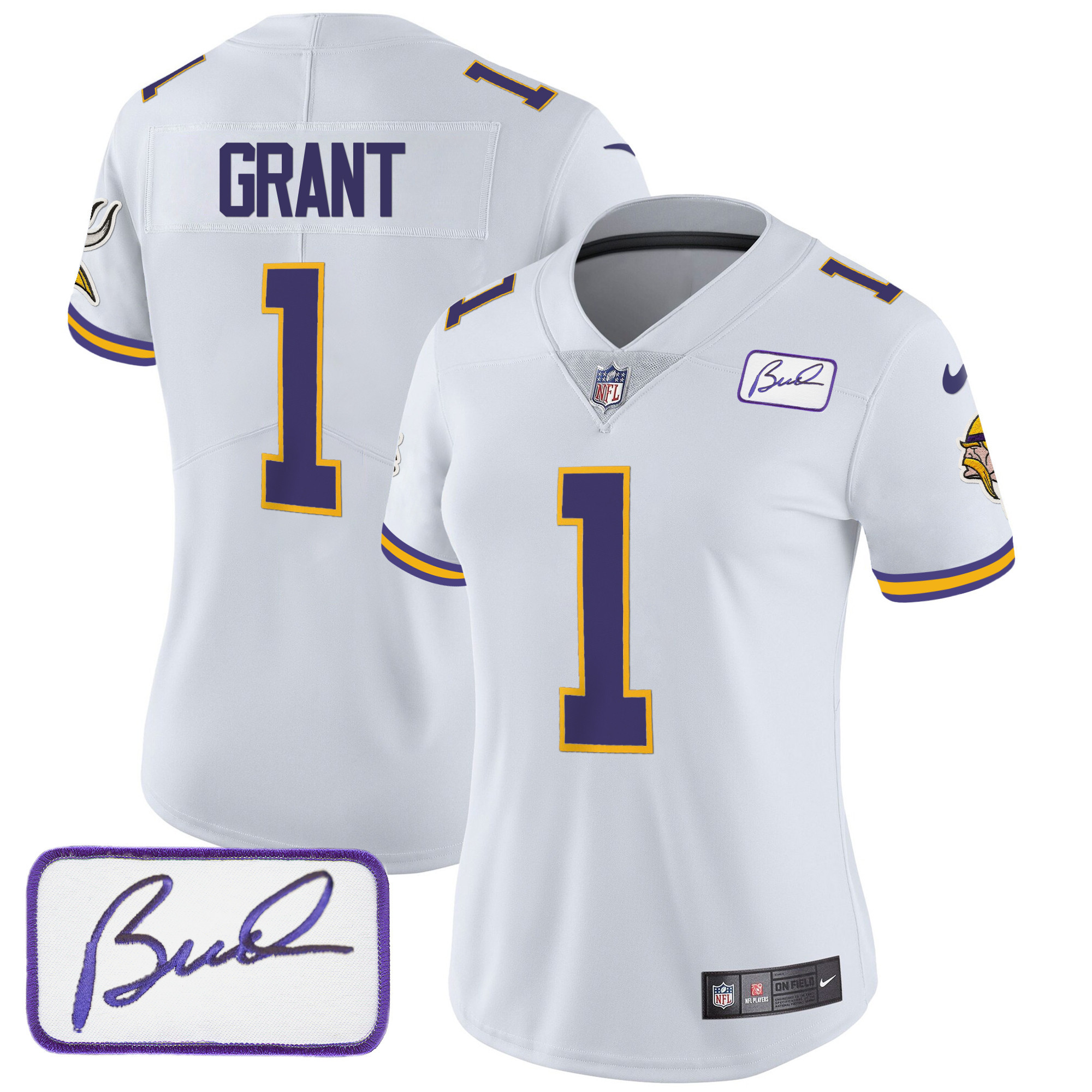 Women's Minnesota Vikings Bud Grant Patch Classic Limited V3 White Jersey - All Stitched