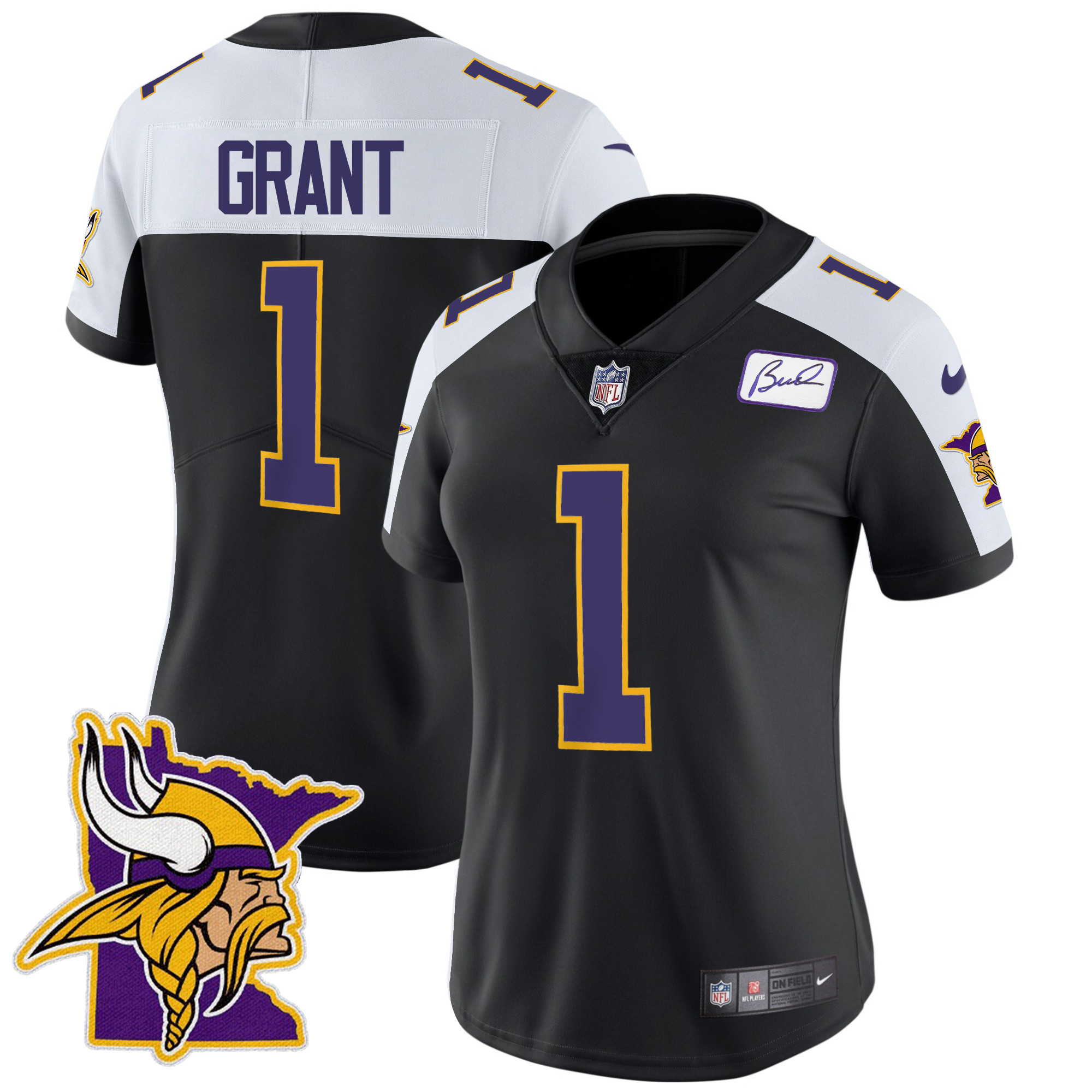 Women's Minnesota Vikings Bud Grant Patch Classic Limited V5 Black Alternate Jersey - All Stitched