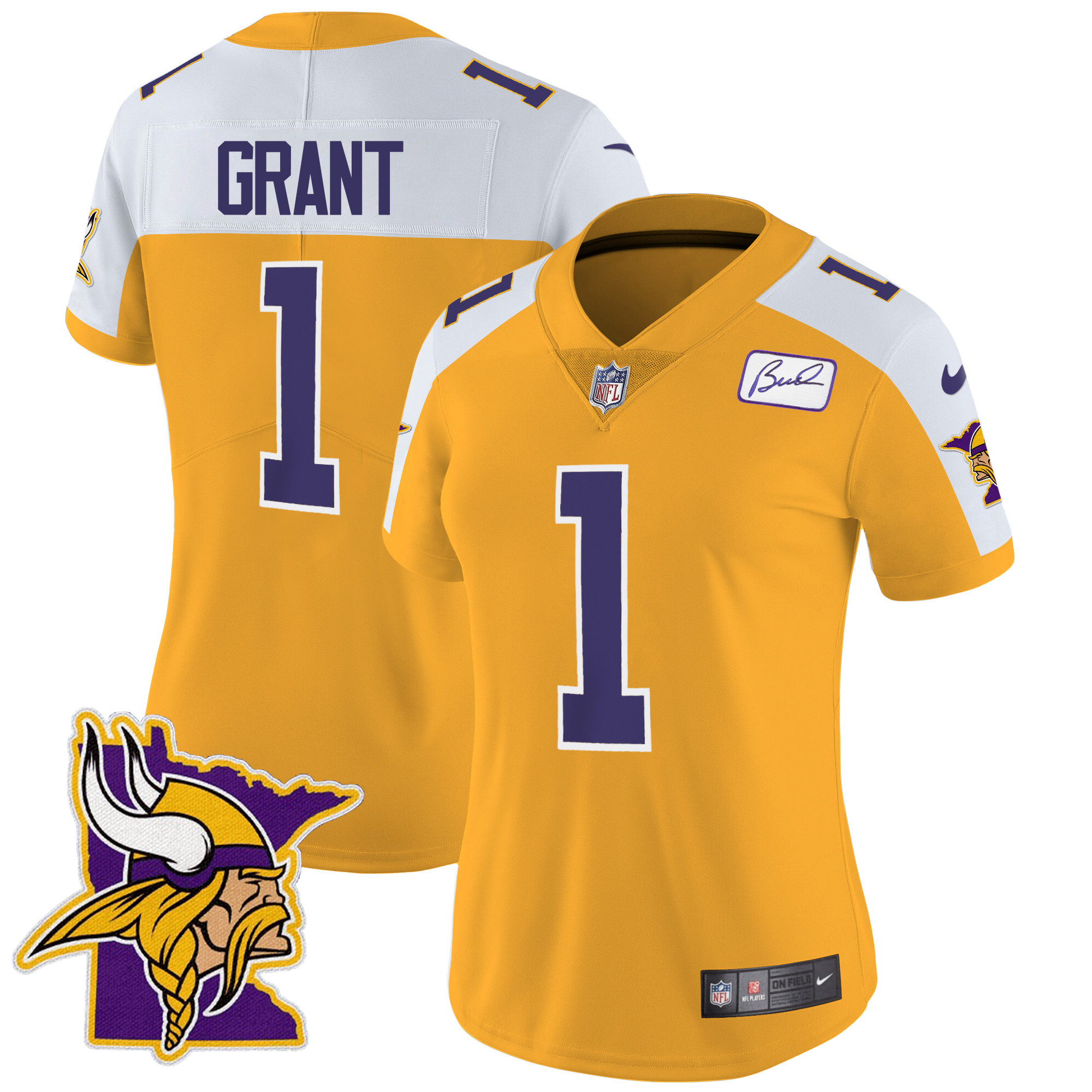 Women's Minnesota Vikings Bud Grant Patch Classic Limited V5 Gold Alternate Jersey - All Stitched