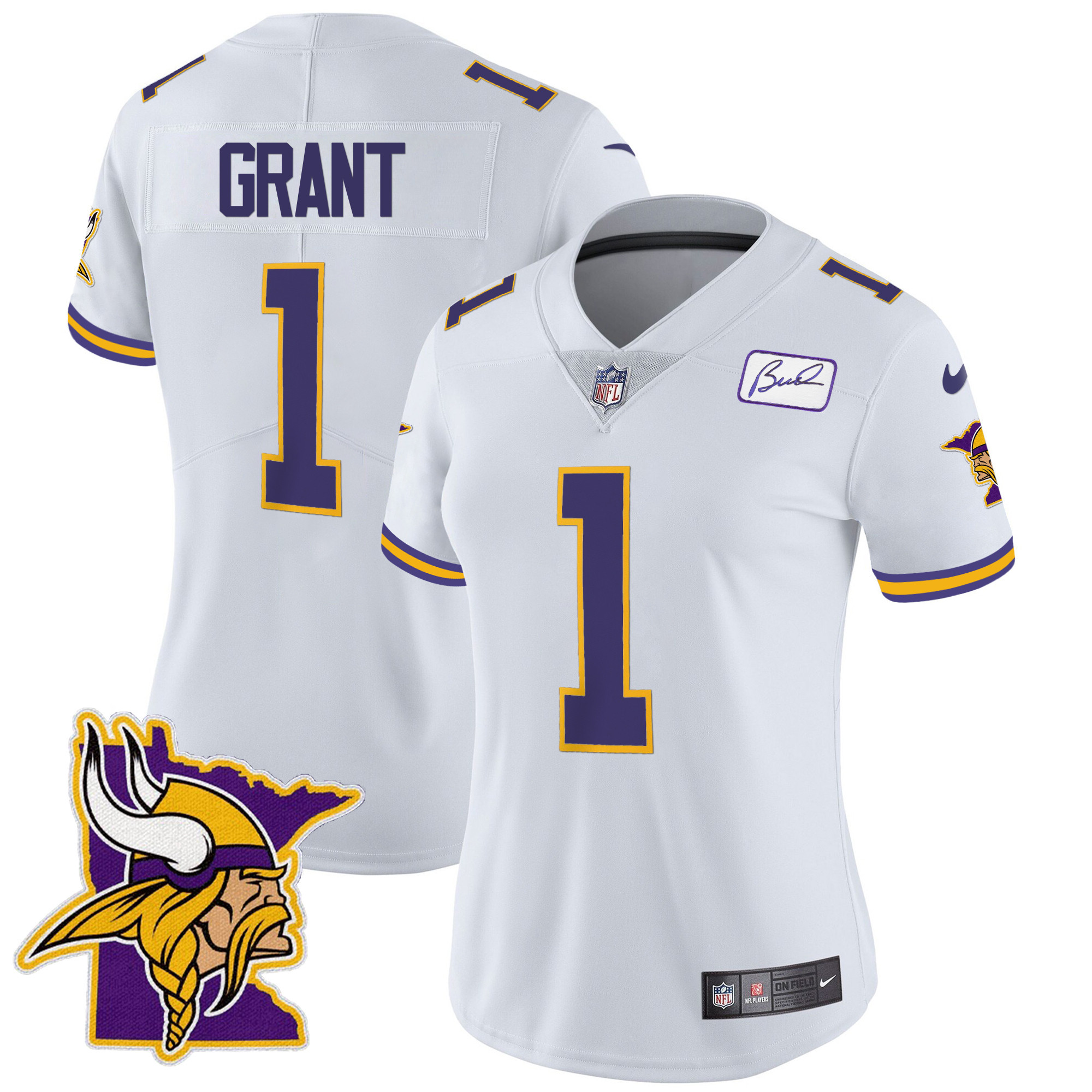 Women's Minnesota Vikings Bud Grant Patch Classic Limited V5 White Jersey - All Stitched