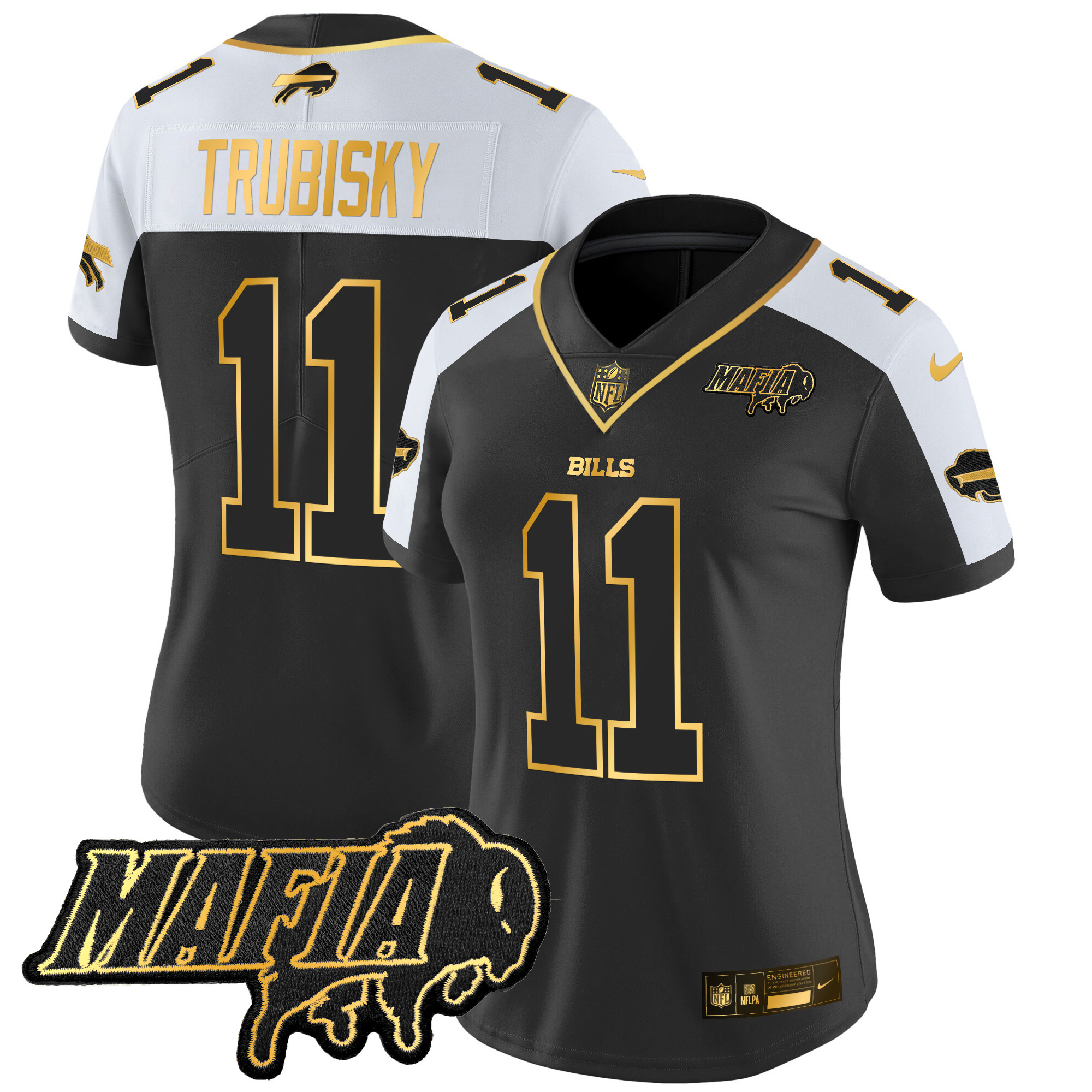 Women's Mitchell Trubisky Buffalo Bills 2024 Buffalo Bills Mafia Patch Gold Vapor Limited Alternate Jersey - All Stitched