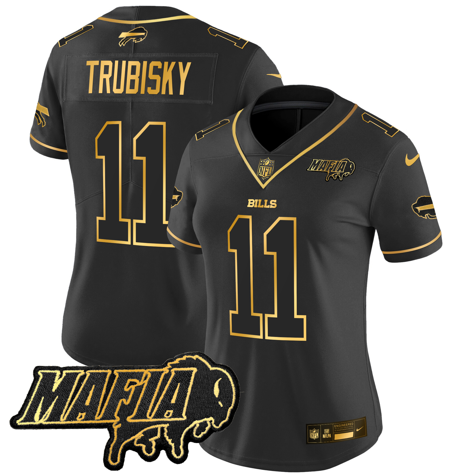 Women's Mitchell Trubisky Buffalo Bills 2024 Buffalo Bills Mafia Patch Gold Vapor Limited Black Gold Jersey - All Stitched