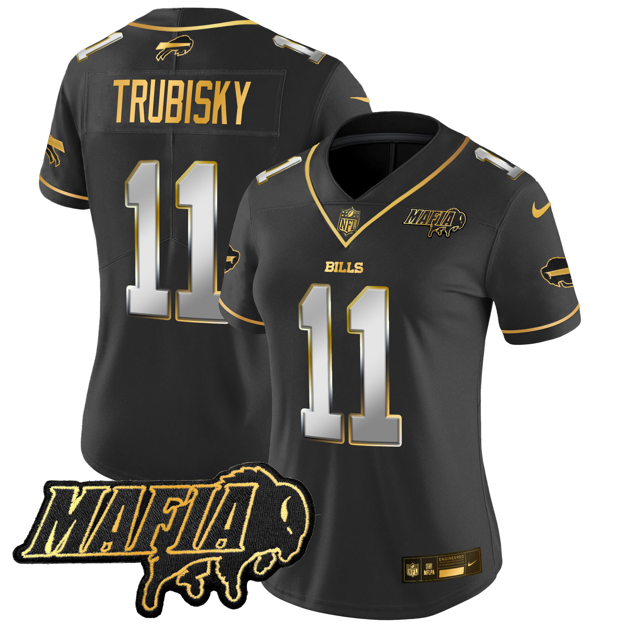 Women's Mitchell Trubisky Buffalo Bills 2024 Buffalo Bills Mafia Patch Gold Vapor Limited Black Limited Jersey - All Stitched