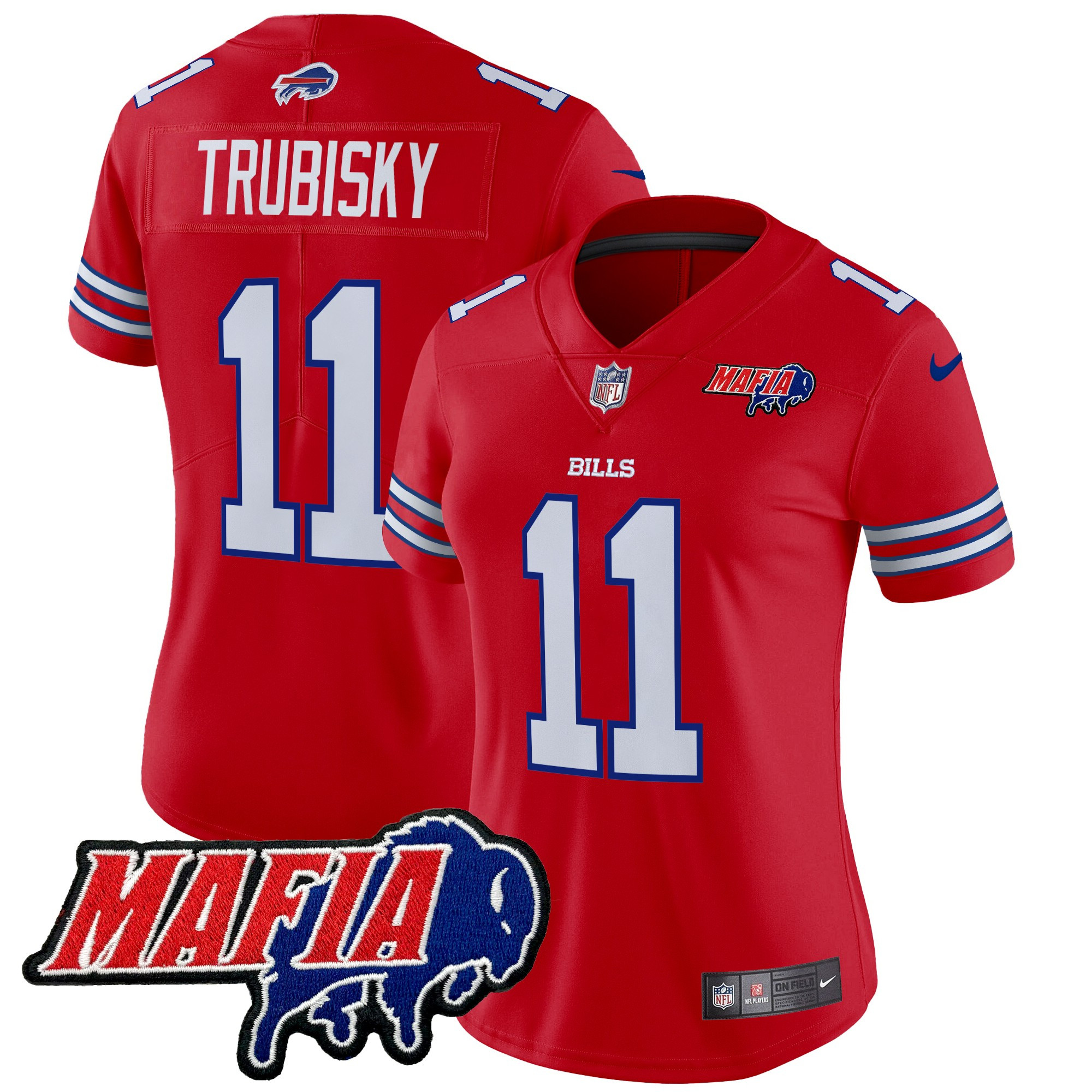 Women's Mitchell Trubisky Buffalo Bills 2024 Buffalo Bills Mafia Patch Vapor Limited Red Jersey - All Stitched