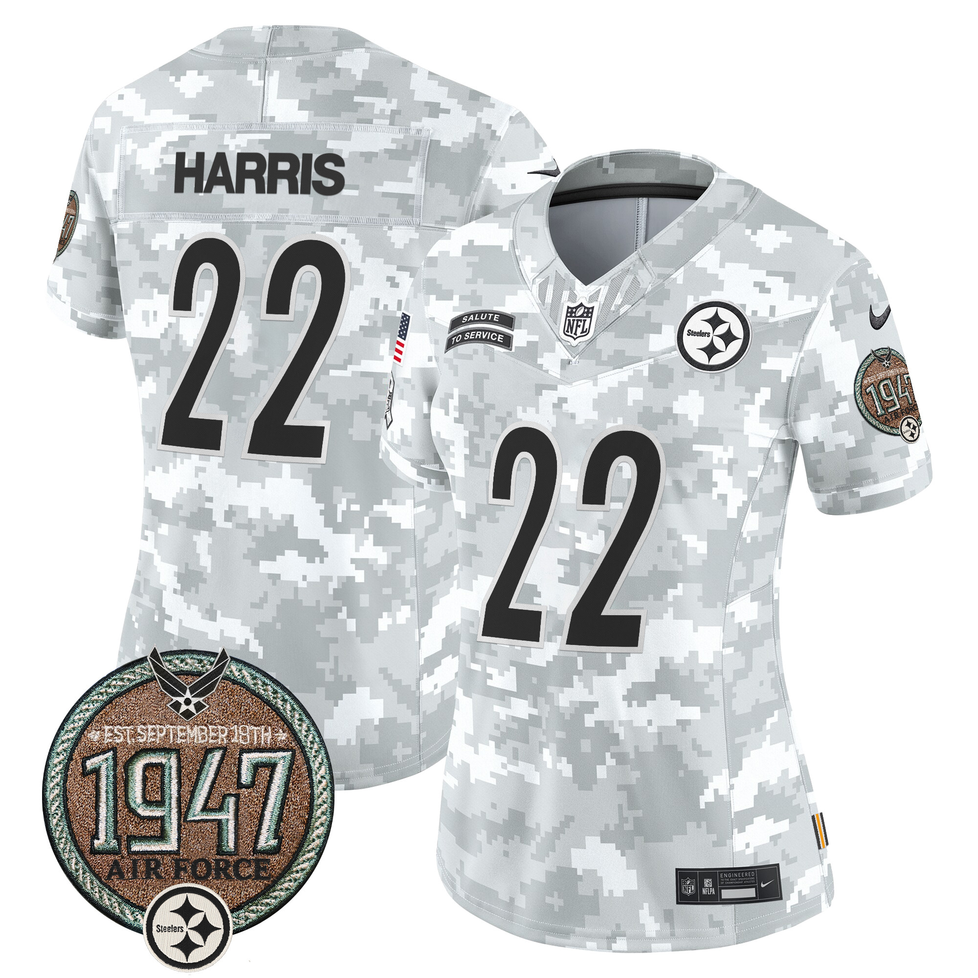 Women's Najee Harris Pittsburgh Steelers 2024 Salute to Service Establishment Year Patch Vapor Limited Air Force Jersey - All Stitched