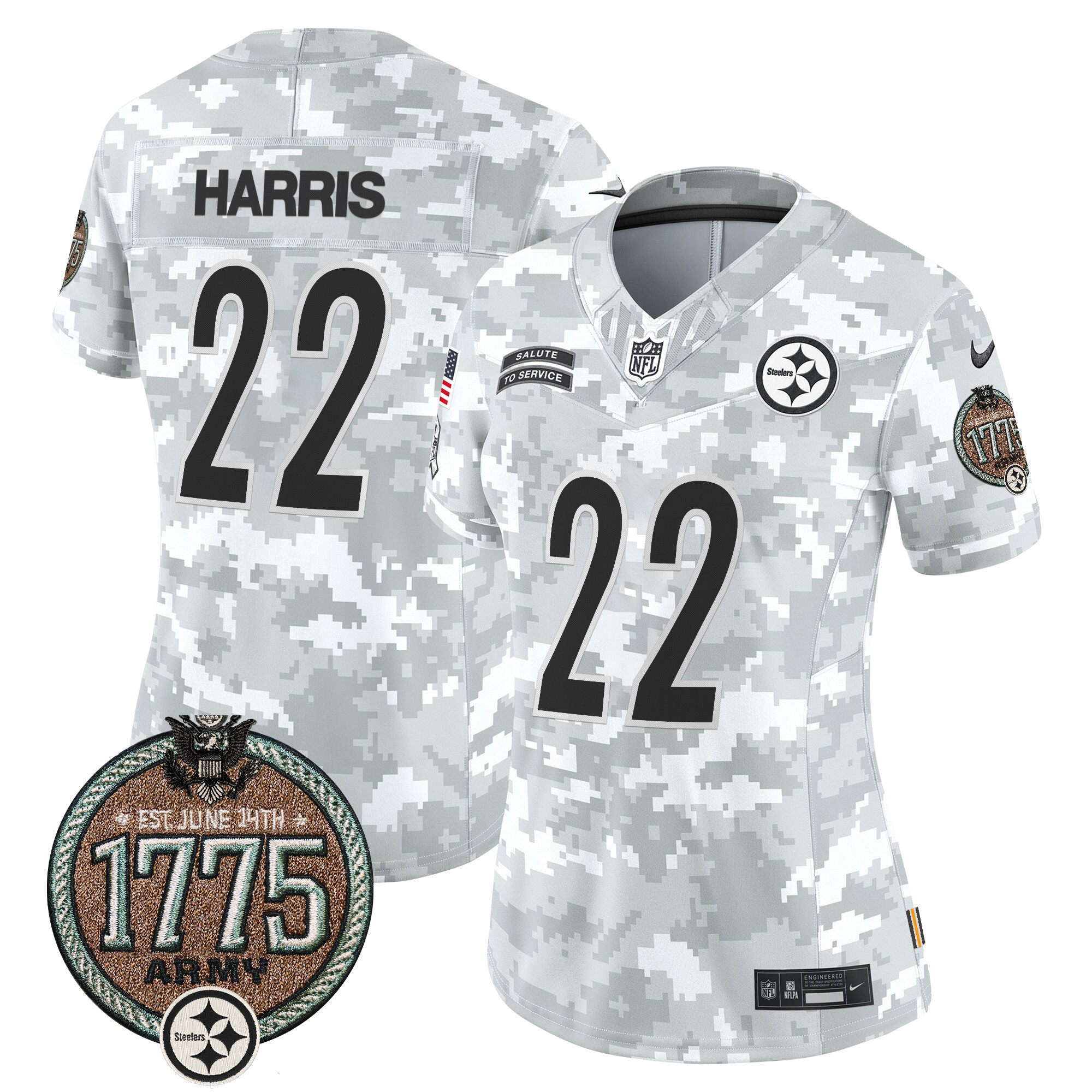 Women's Najee Harris Pittsburgh Steelers 2024 Salute to Service Establishment Year Patch Vapor Limited Army Jersey - All Stitched
