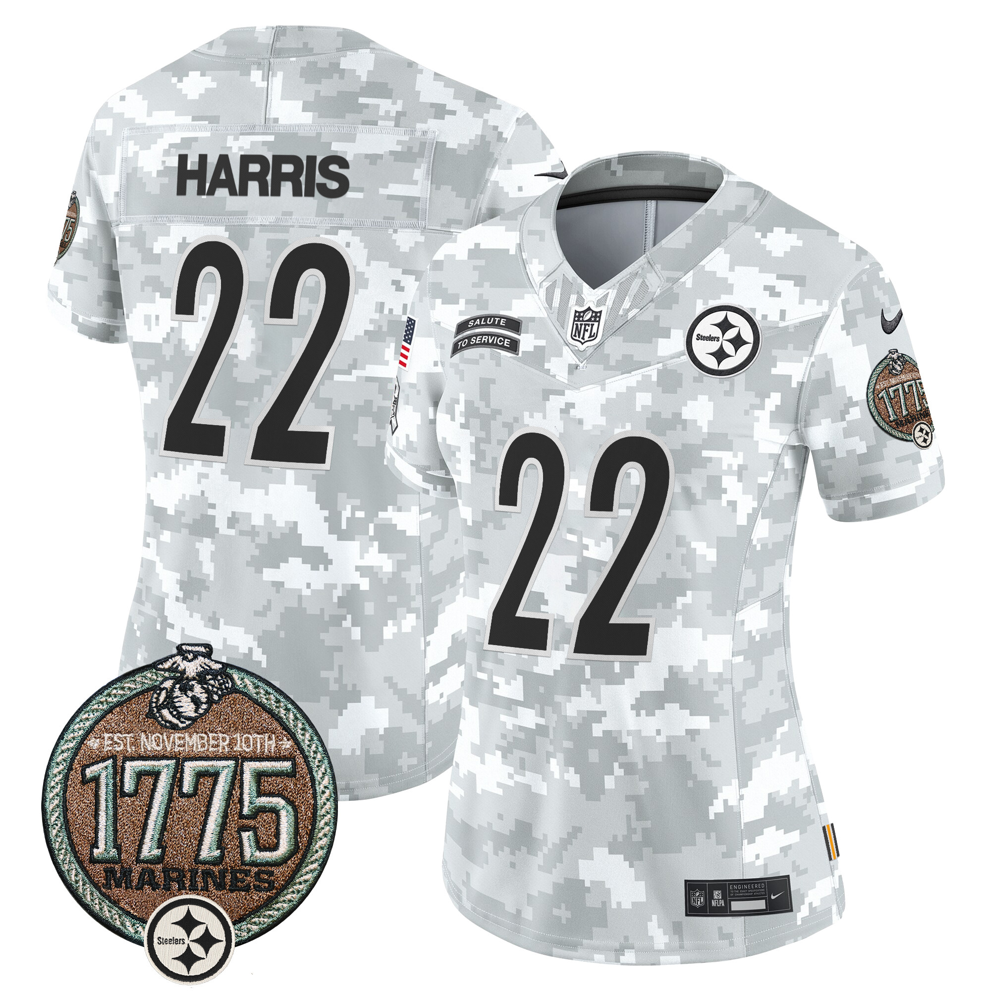Women's Najee Harris Pittsburgh Steelers 2024 Salute to Service Establishment Year Patch Vapor Limited Marines Jersey - All Stitched