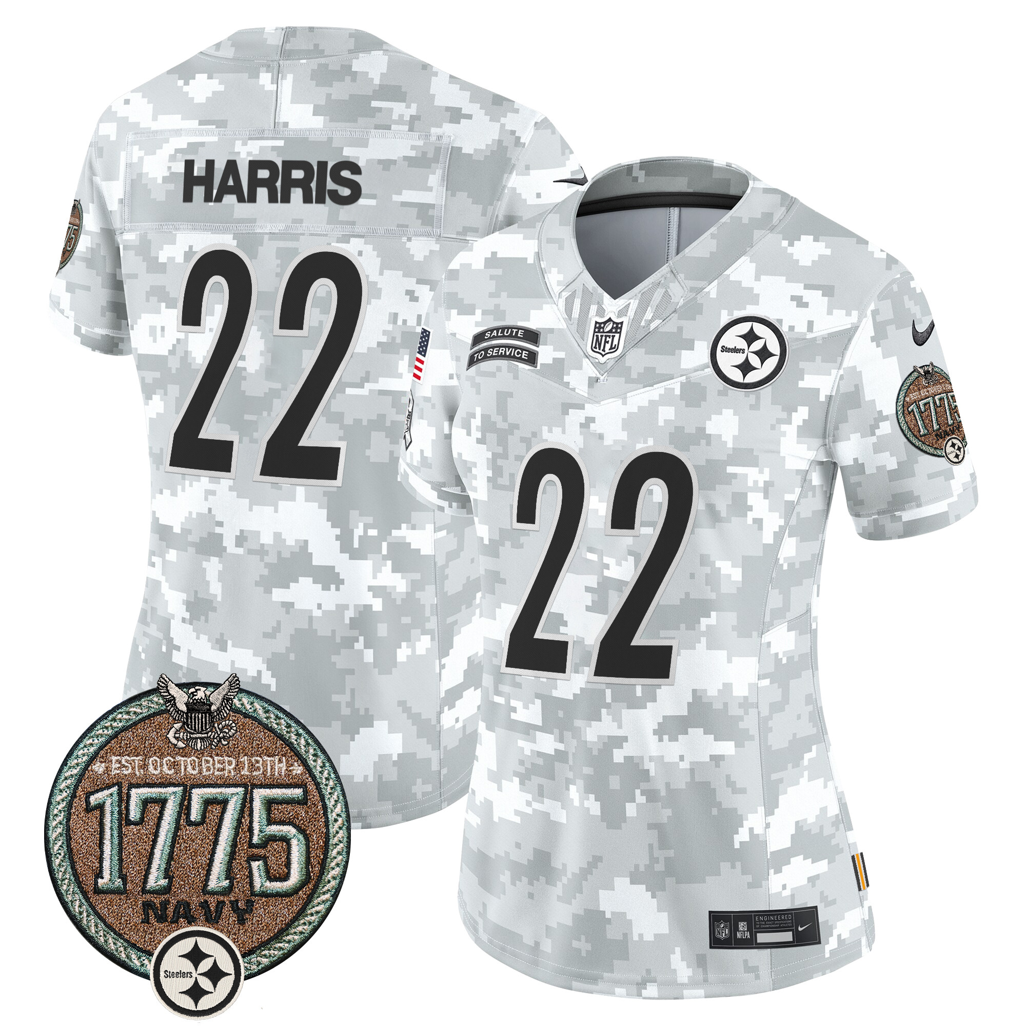 Women's Najee Harris Pittsburgh Steelers 2024 Salute to Service Establishment Year Patch Vapor Limited Navy Jersey - All Stitched