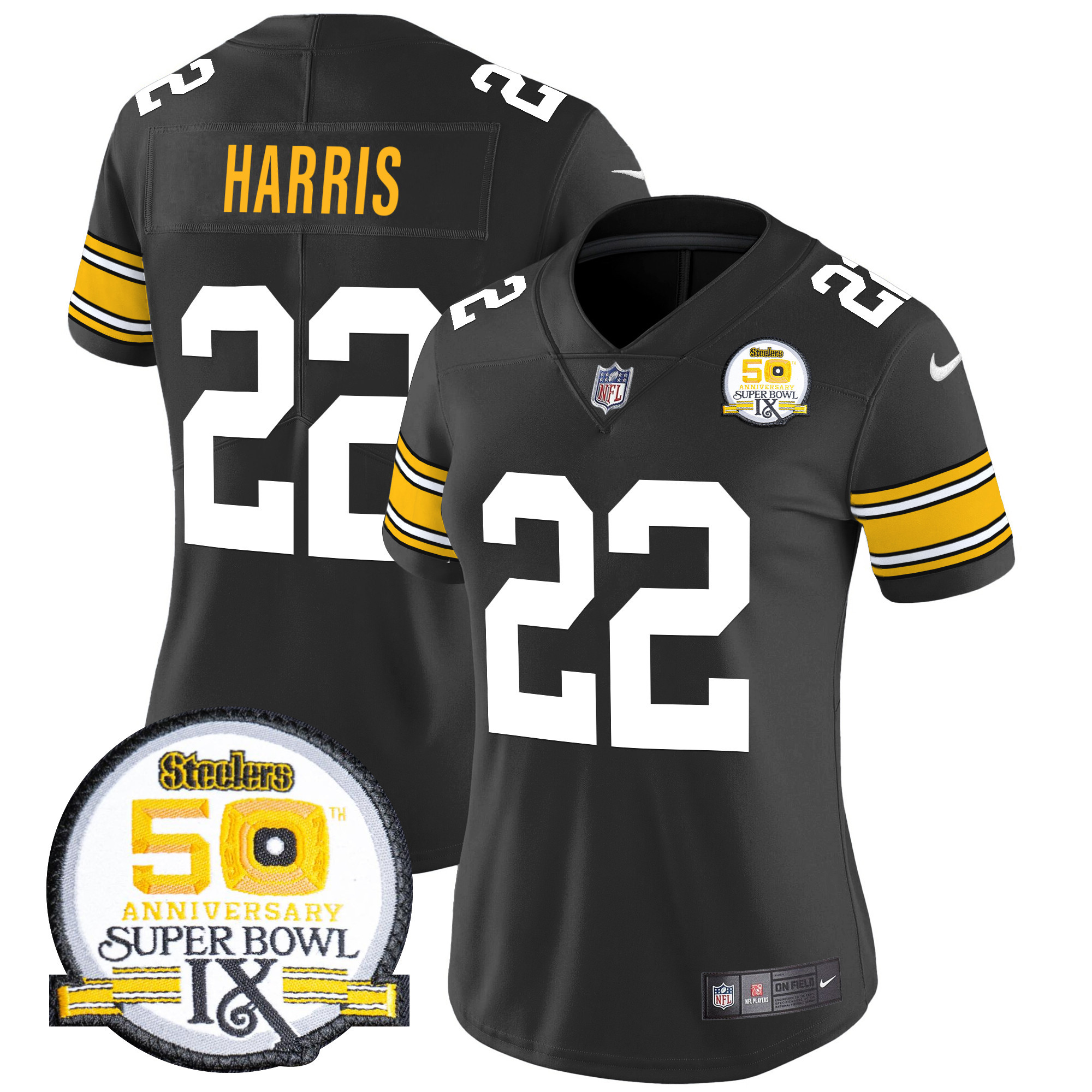 Women's Najee Harris Pittsburgh Steelers 50th Anniversary Of Super Bowl IX Patch Vapor Limited 1975 Throwback Jersey - All Stitched