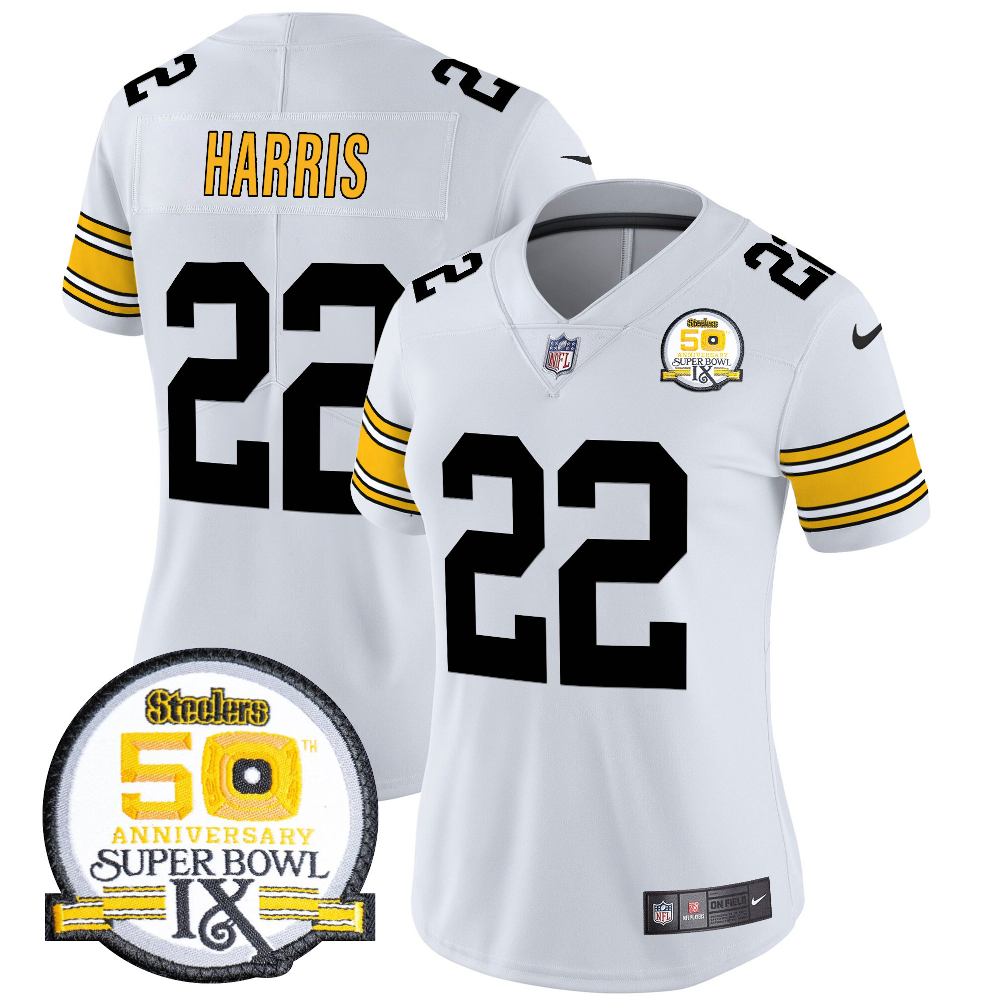 Women's Najee Harris Pittsburgh Steelers 50th Anniversary Of Super Bowl IX Patch Vapor Limited 1975 White Jersey - All Stitched