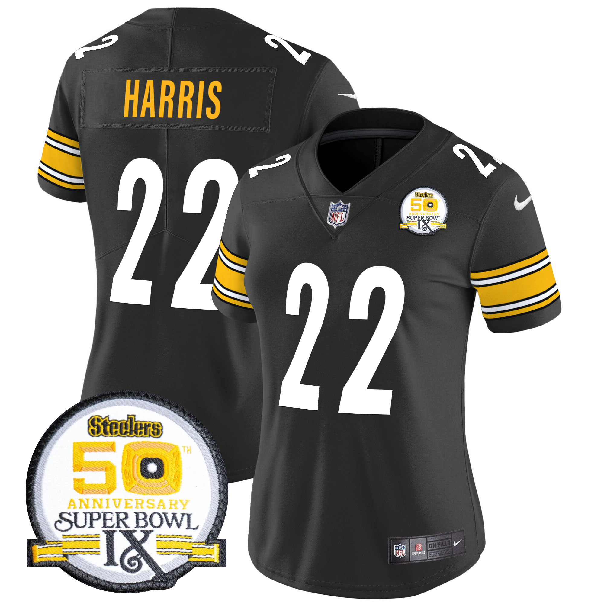 Women's Najee Harris Pittsburgh Steelers 50th Anniversary Of Super Bowl IX Patch Vapor Limited Black Jersey - All Stitched