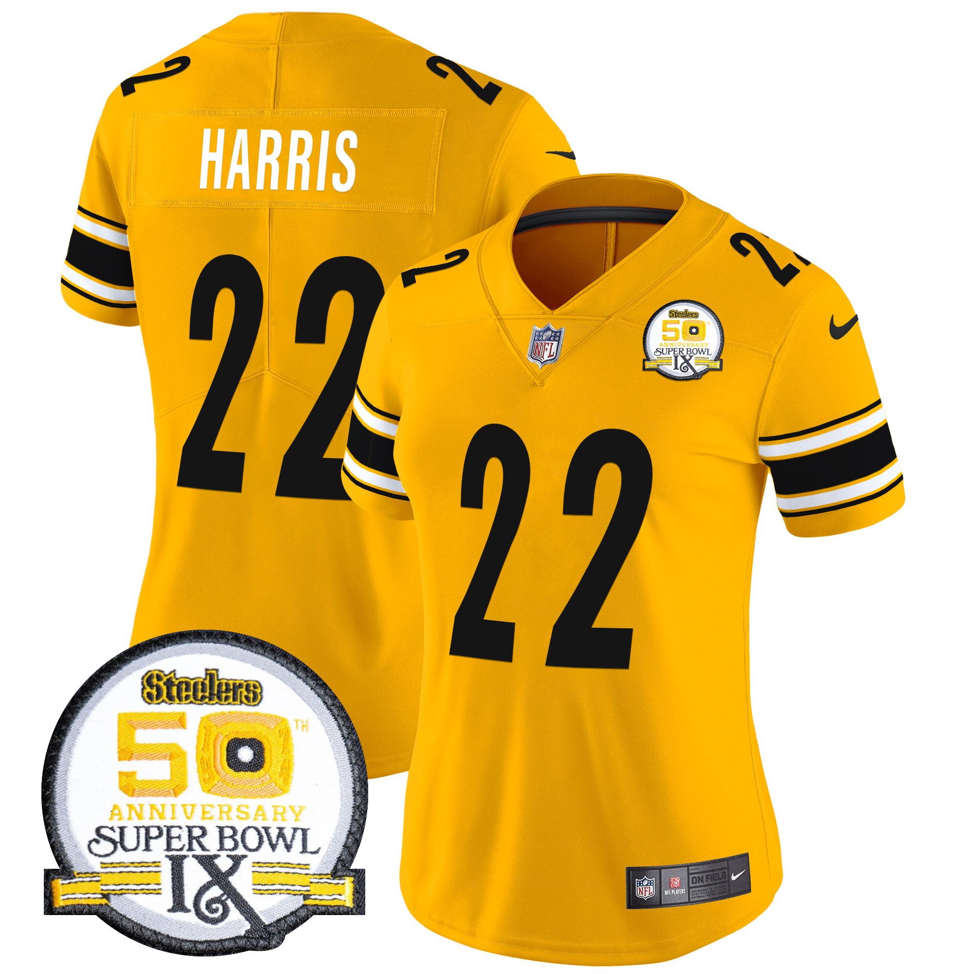 Women's Najee Harris Pittsburgh Steelers 50th Anniversary Of Super Bowl IX Patch Vapor Limited Gold Jersey - All Stitched
