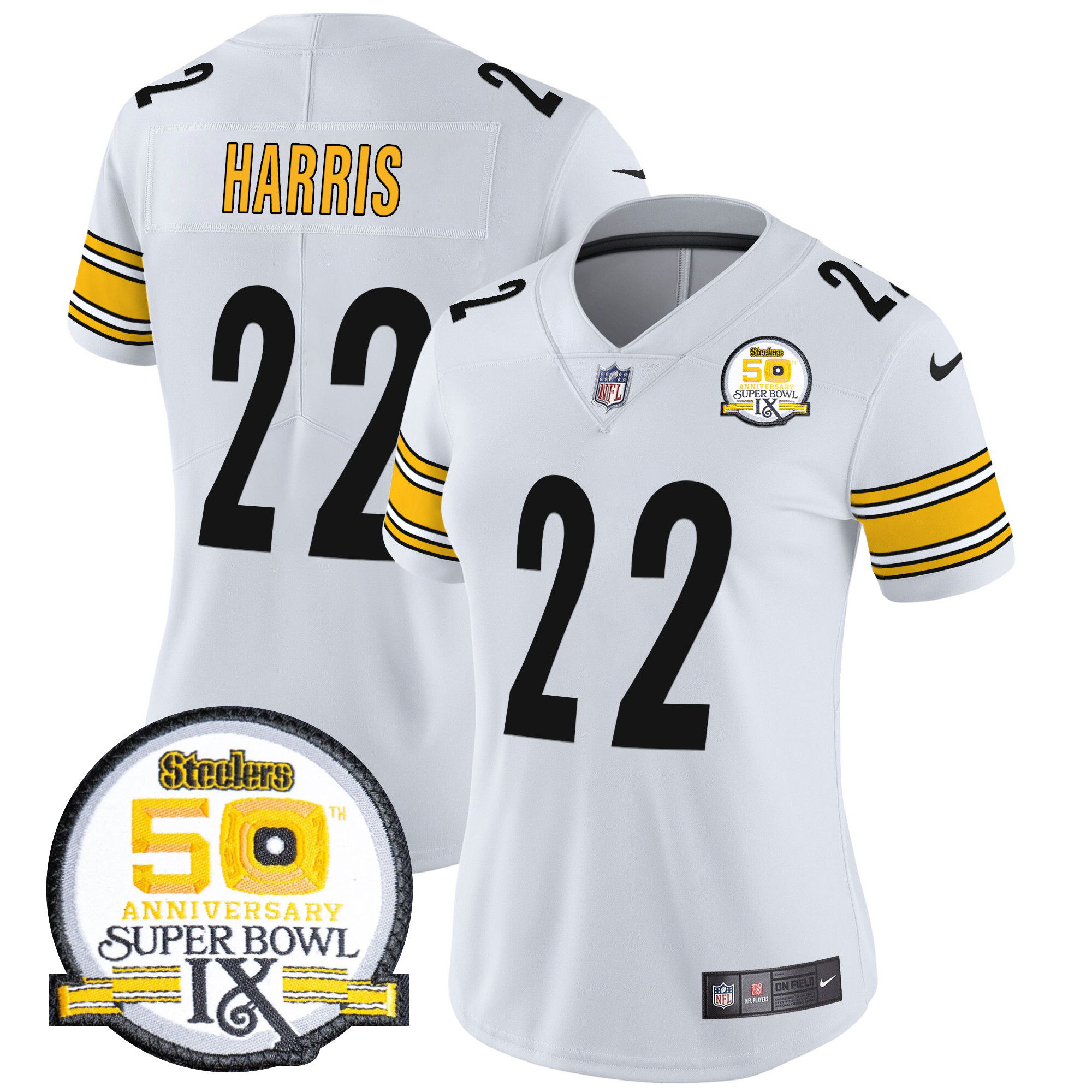 Women's Najee Harris Pittsburgh Steelers 50th Anniversary Of Super Bowl IX Patch Vapor Limited White Jersey - All Stitched
