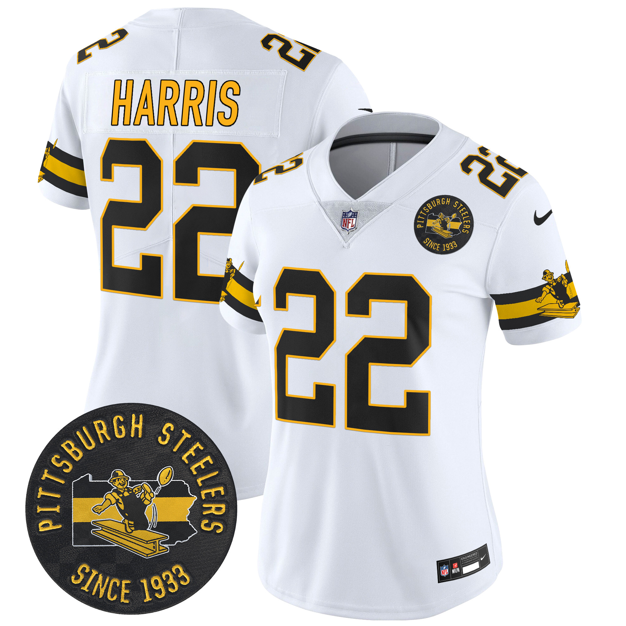 Women's Najee Harris Pittsburgh Steelers Throwback 1933 Patch Vapor Limited White Jersey - All Stitched