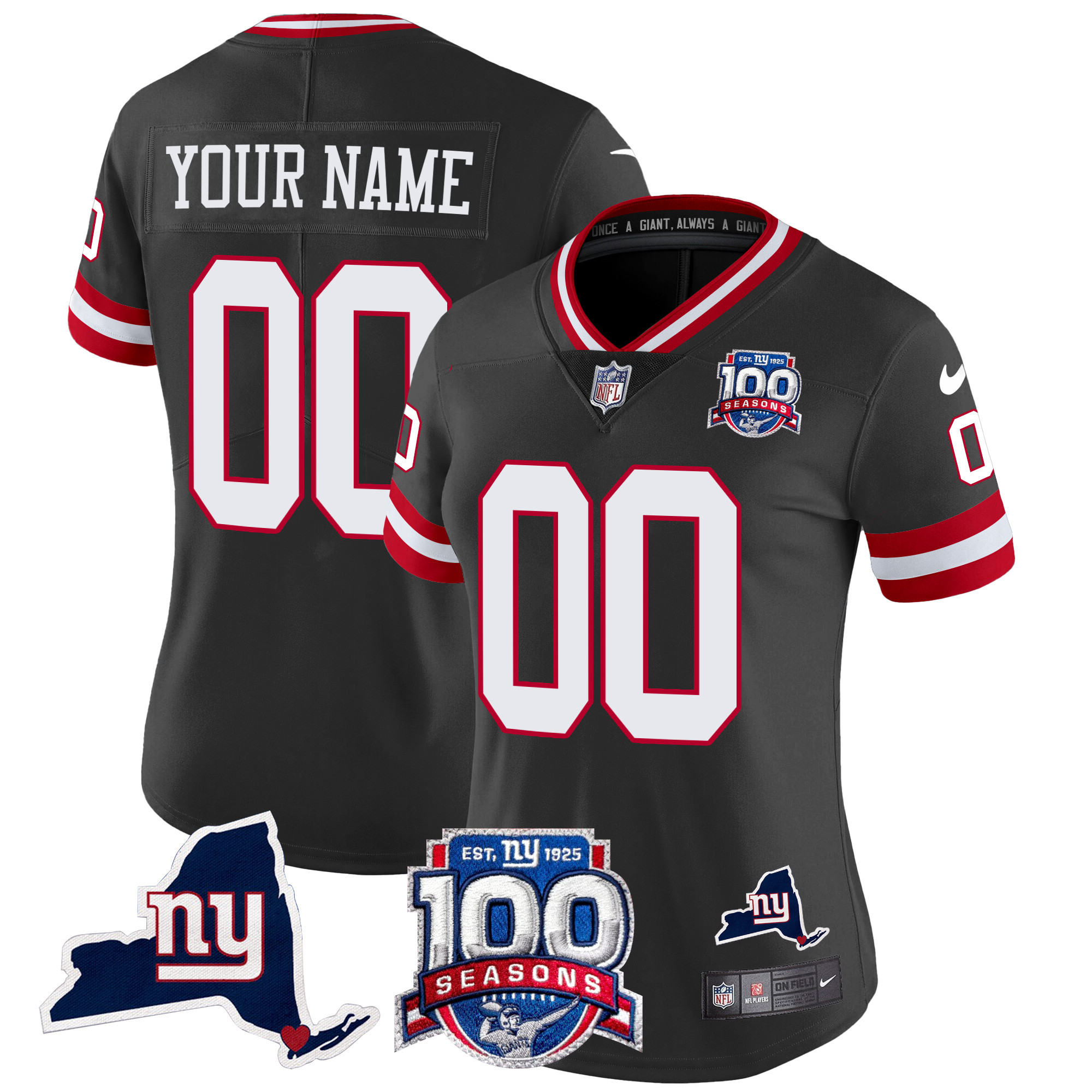 Women's New York Giants 100th Season & State Patch Vapor Limited Custom Black Jersey - All Stitched