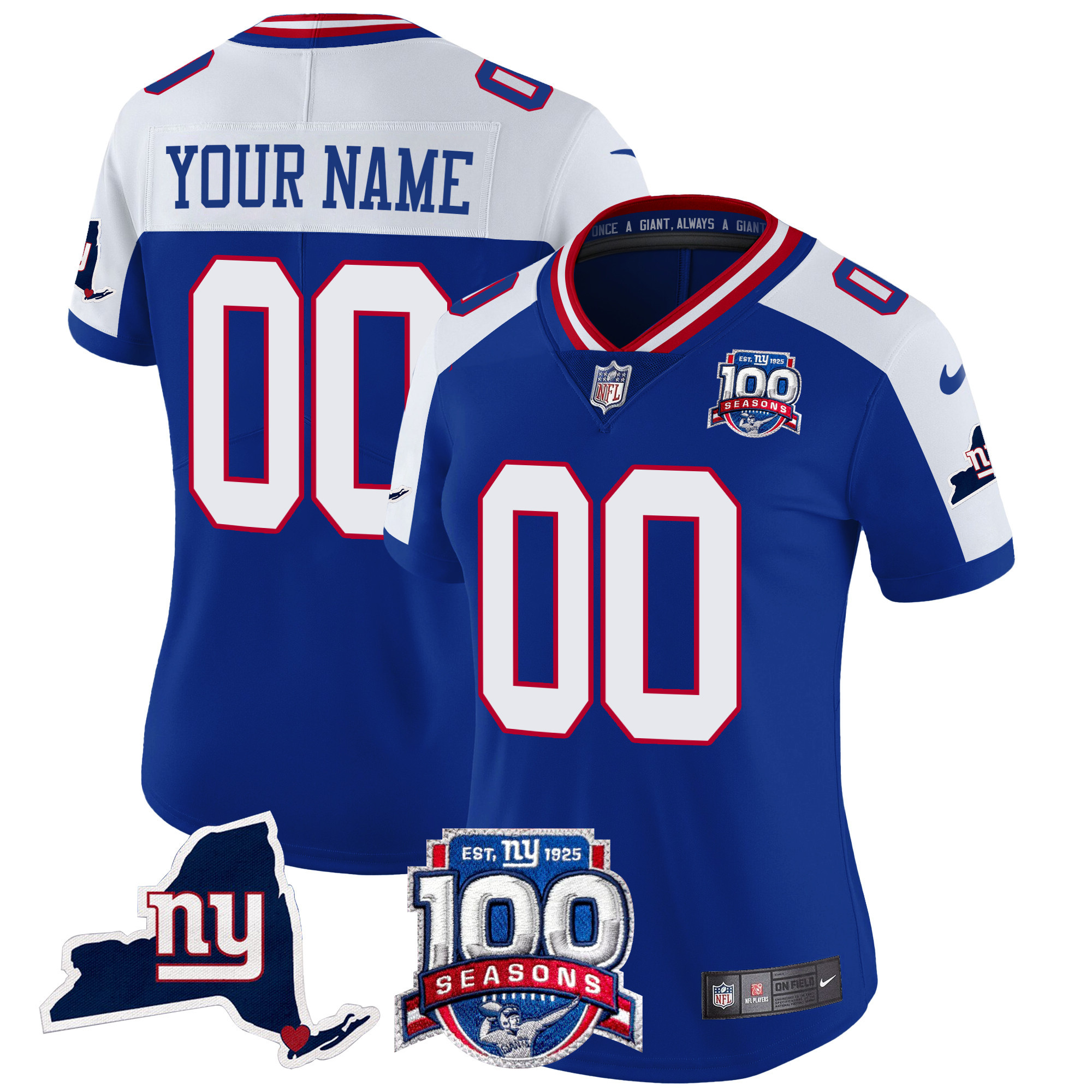 Women's New York Giants 100th Season & State Patch Vapor Limited Custom Royal Alternate Jersey - All Stitched