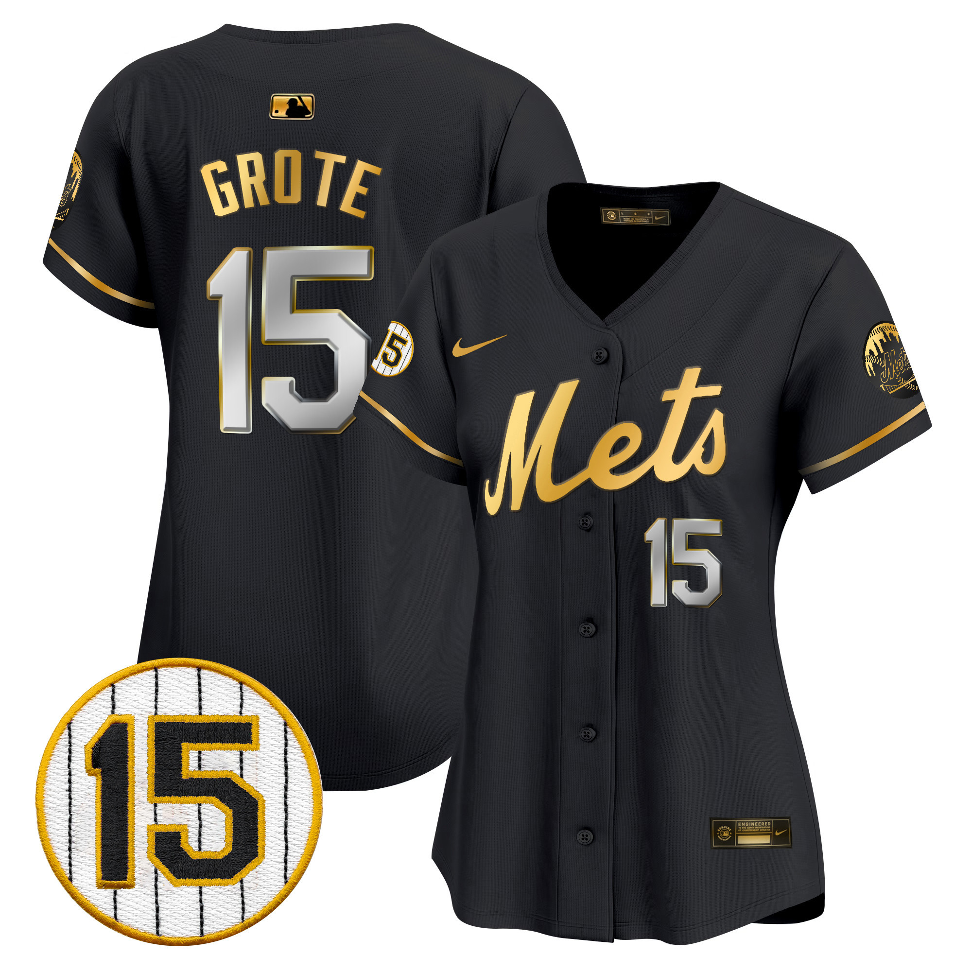 Women's New York Mets Jerry Grote Patch Vapor Premier Limited Black Gold Jersey - All Stitched