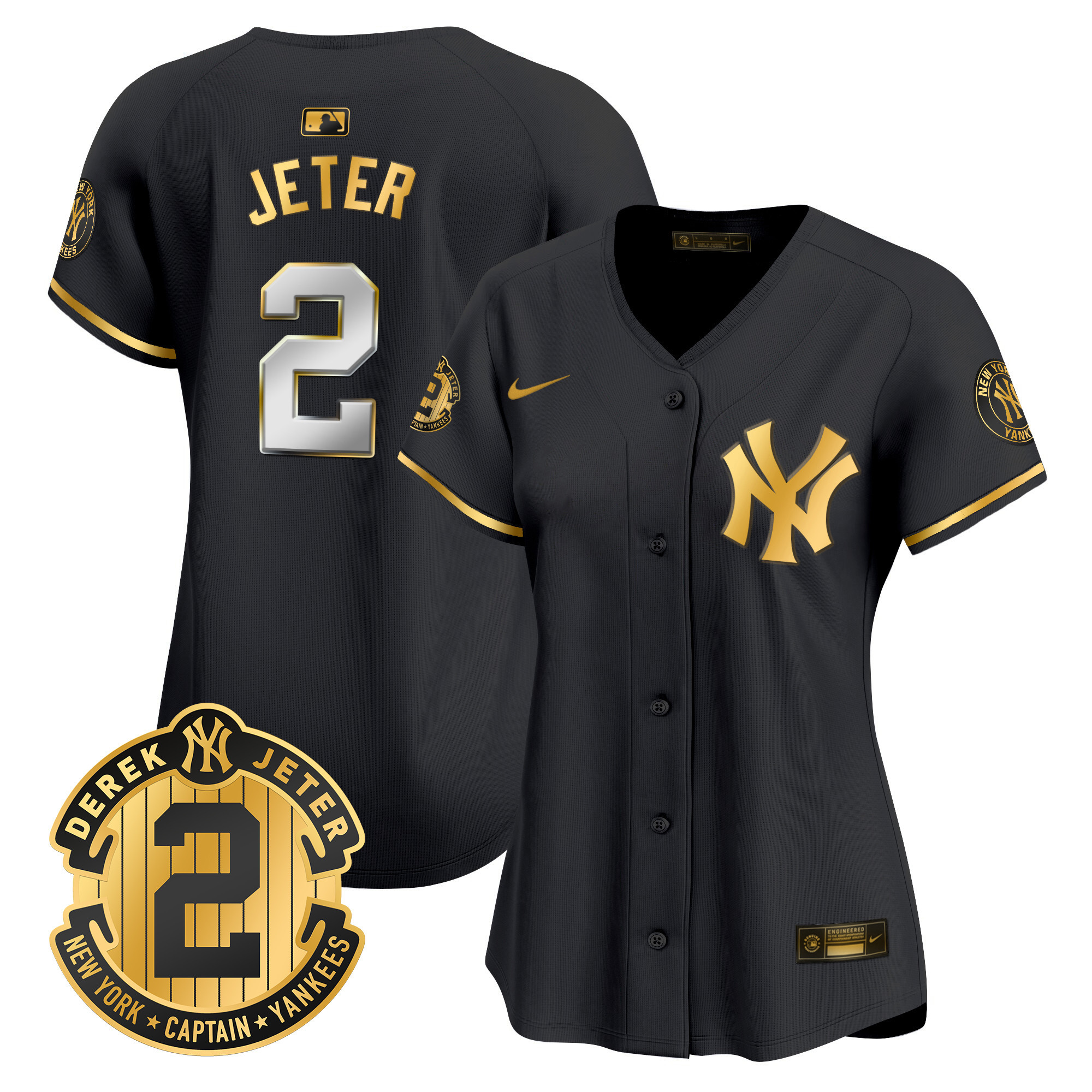 Women's New York Yankees Derek Jeter Patch Vapor Premier Limited Black Gold Jersey - All Stitched