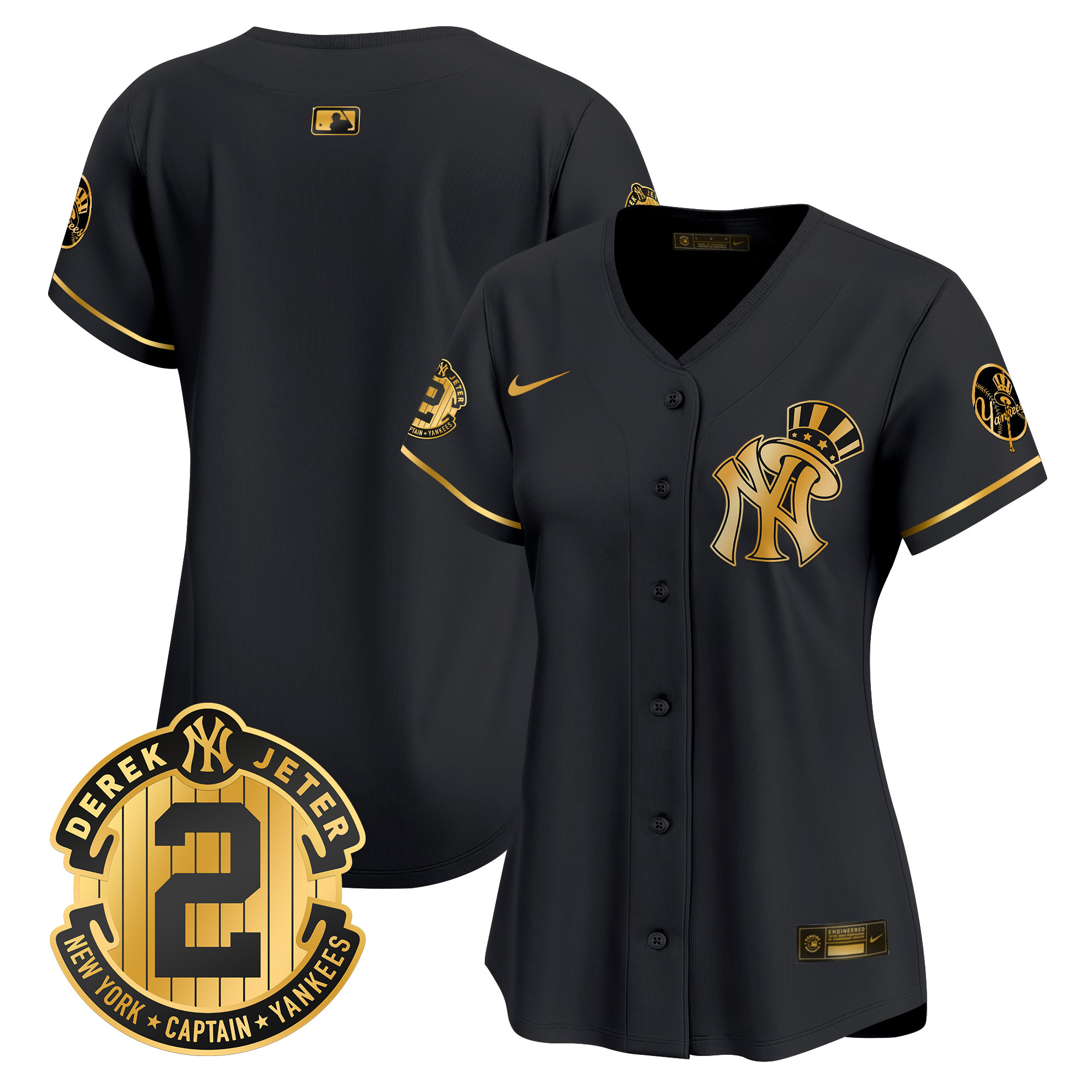 Women's New York Yankees Derek Jeter Patch Vapor Premier Limited Black Gold Jersey V2 - All Stitched