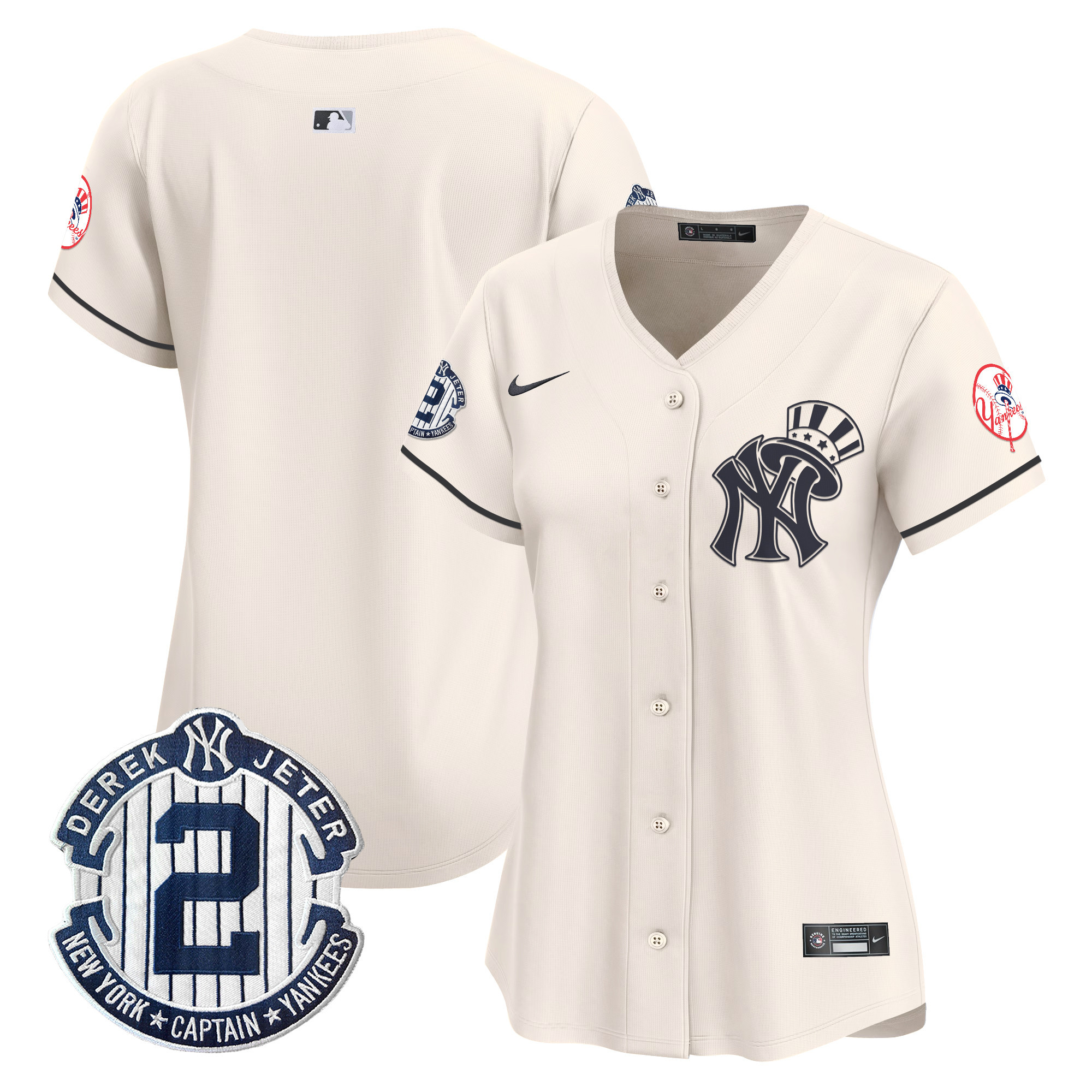 Women's New York Yankees Derek Jeter Patch Vapor Premier Limited Cream Jersey V2 - All Stitched