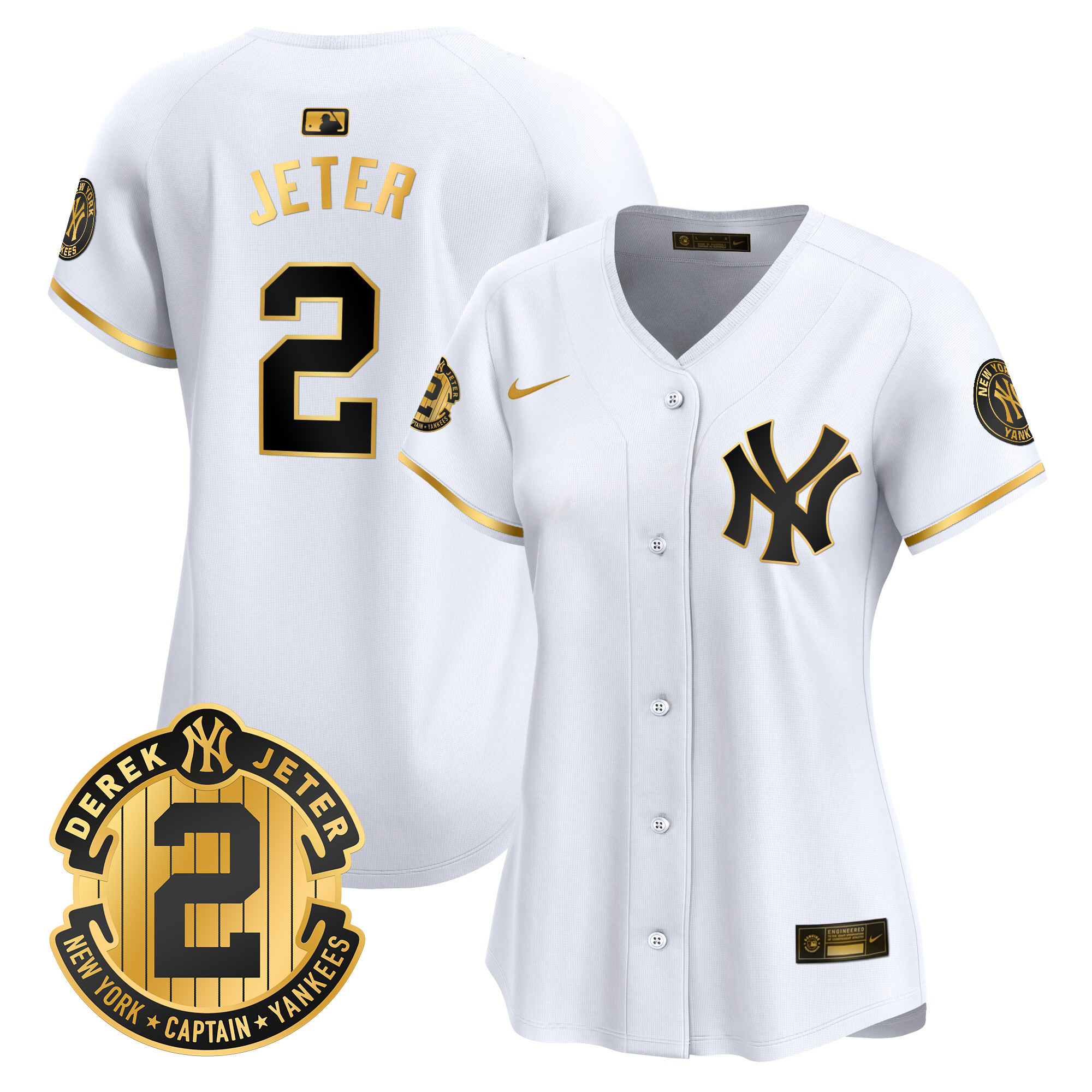 Women's New York Yankees Derek Jeter Patch Vapor Premier Limited White Gold Jersey - All Stitched