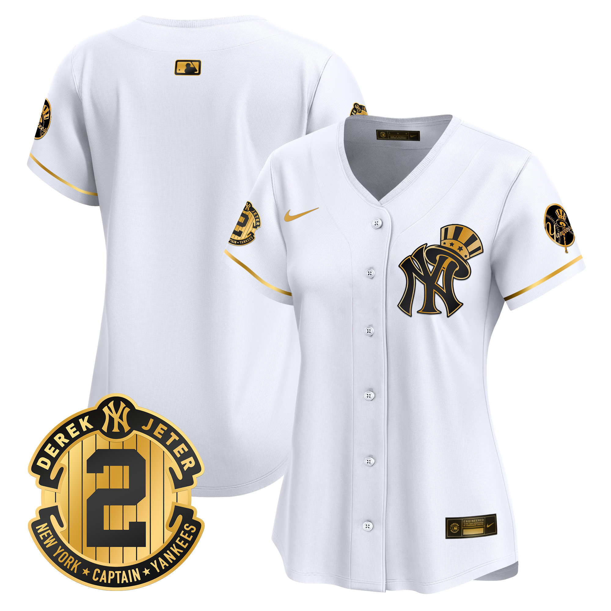 Women's New York Yankees Derek Jeter Patch Vapor Premier Limited White Gold Jersey V2 - All Stitched