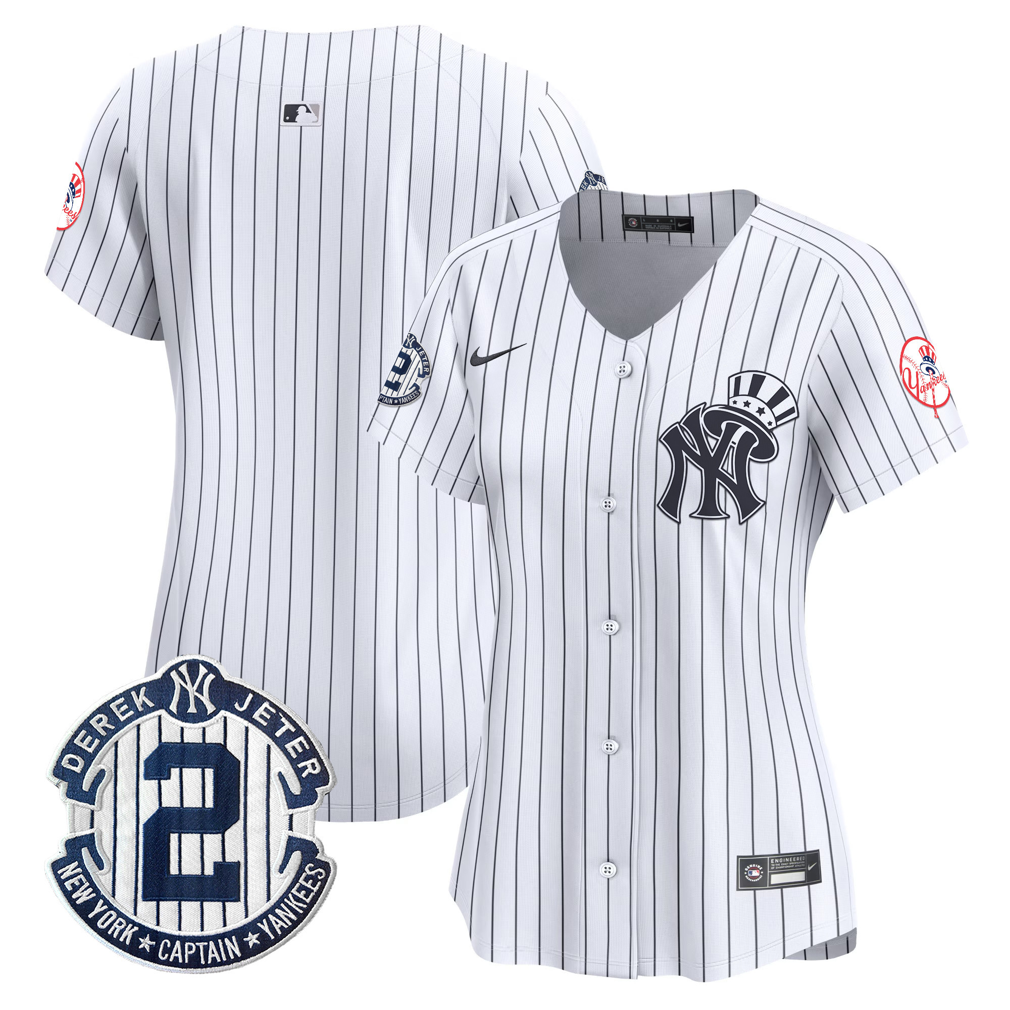 Women's New York Yankees Derek Jeter Patch Vapor Premier Limited White Jersey V2 - All Stitched