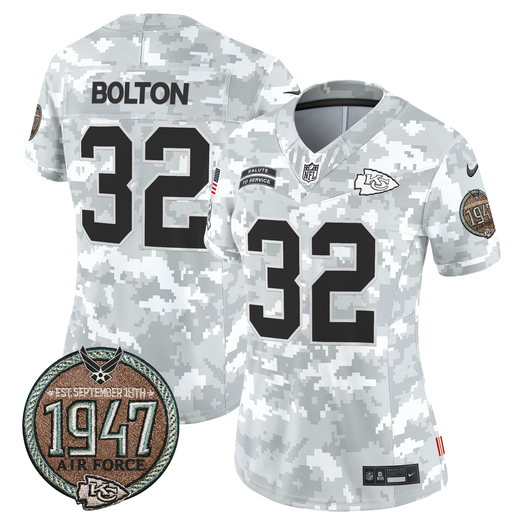 Women's Nick Bolton Kansas City Chiefs 2024 Salute to Service Establishment Year Patch Vapor Limited Air Force Jersey - All Stitched