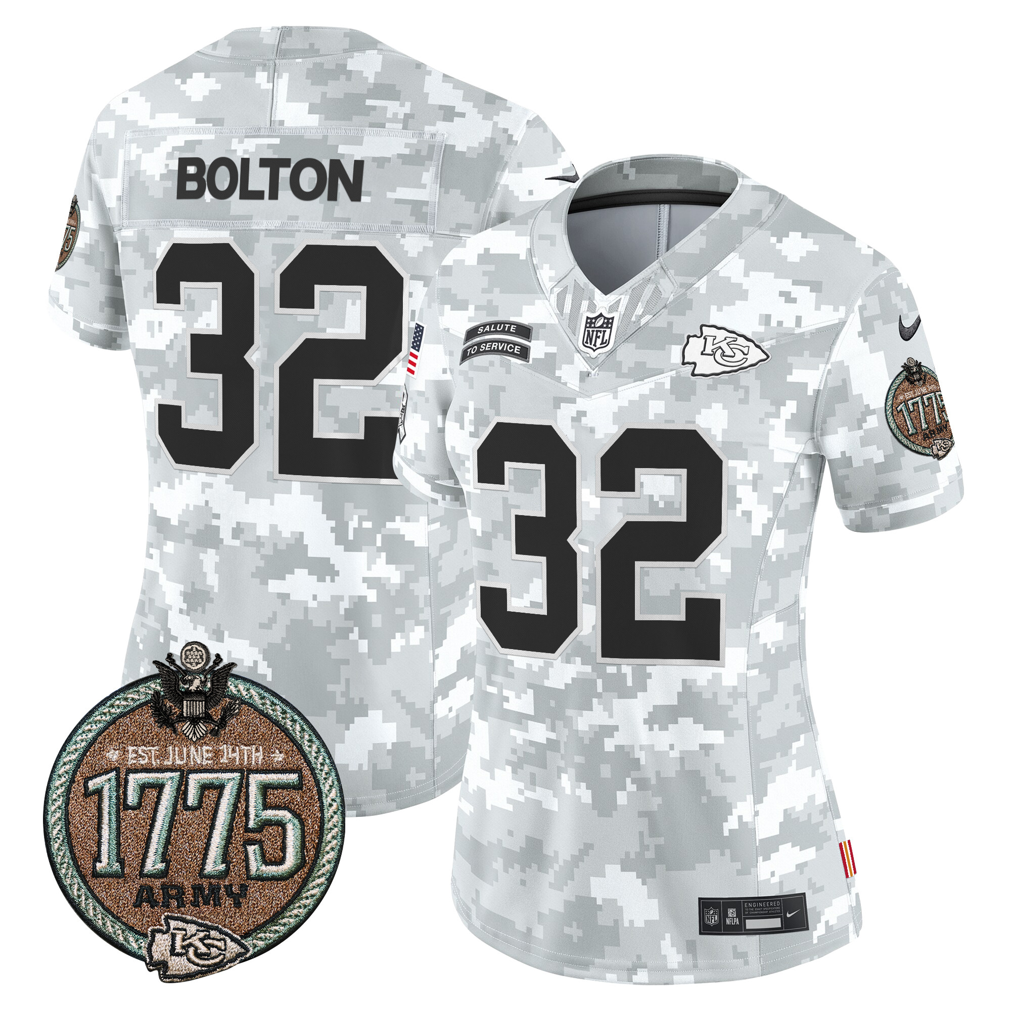 Women's Nick Bolton Kansas City Chiefs 2024 Salute to Service Establishment Year Patch Vapor Limited Army Jersey - All Stitched