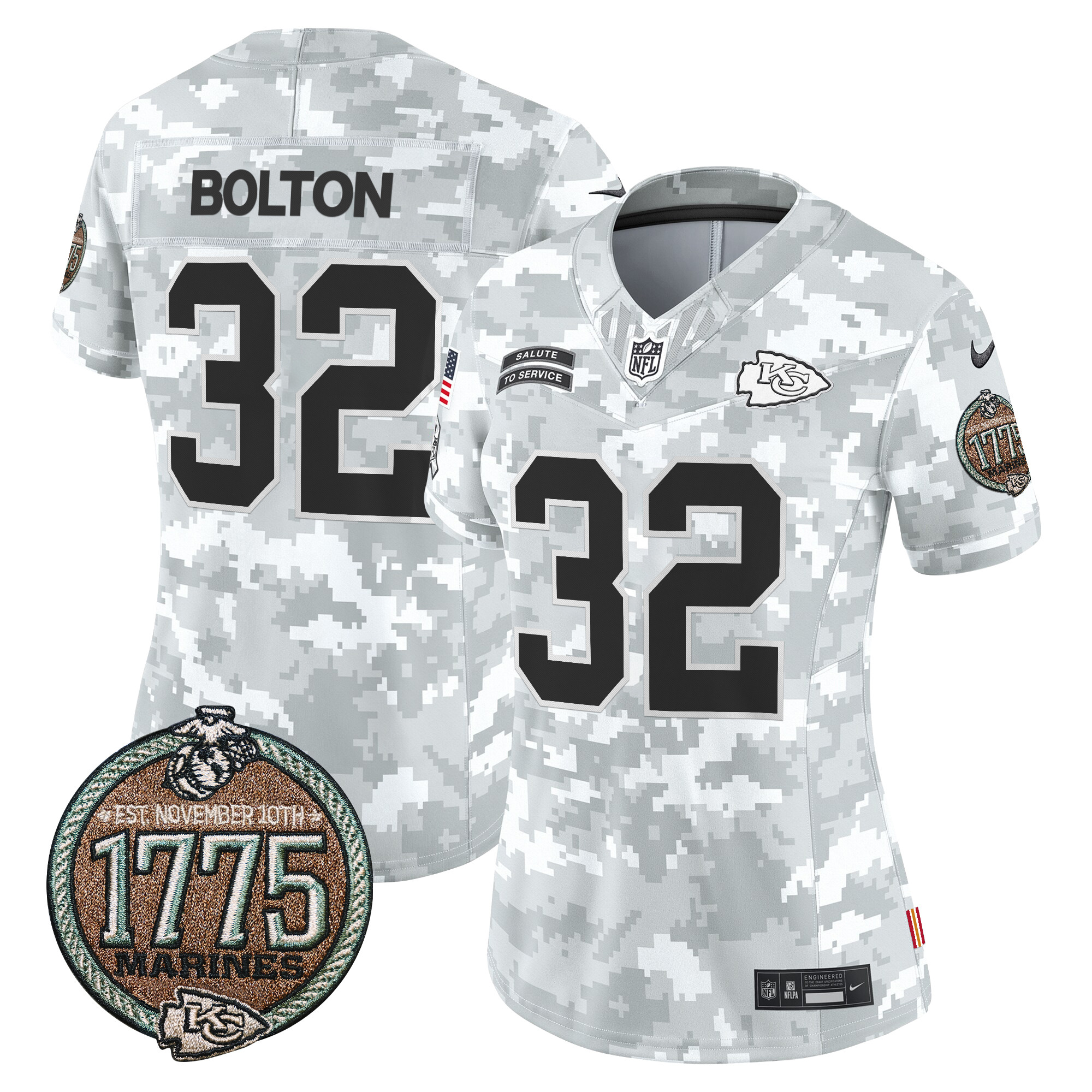Women's Nick Bolton Kansas City Chiefs 2024 Salute to Service Establishment Year Patch Vapor Limited Marines Jersey - All Stitched