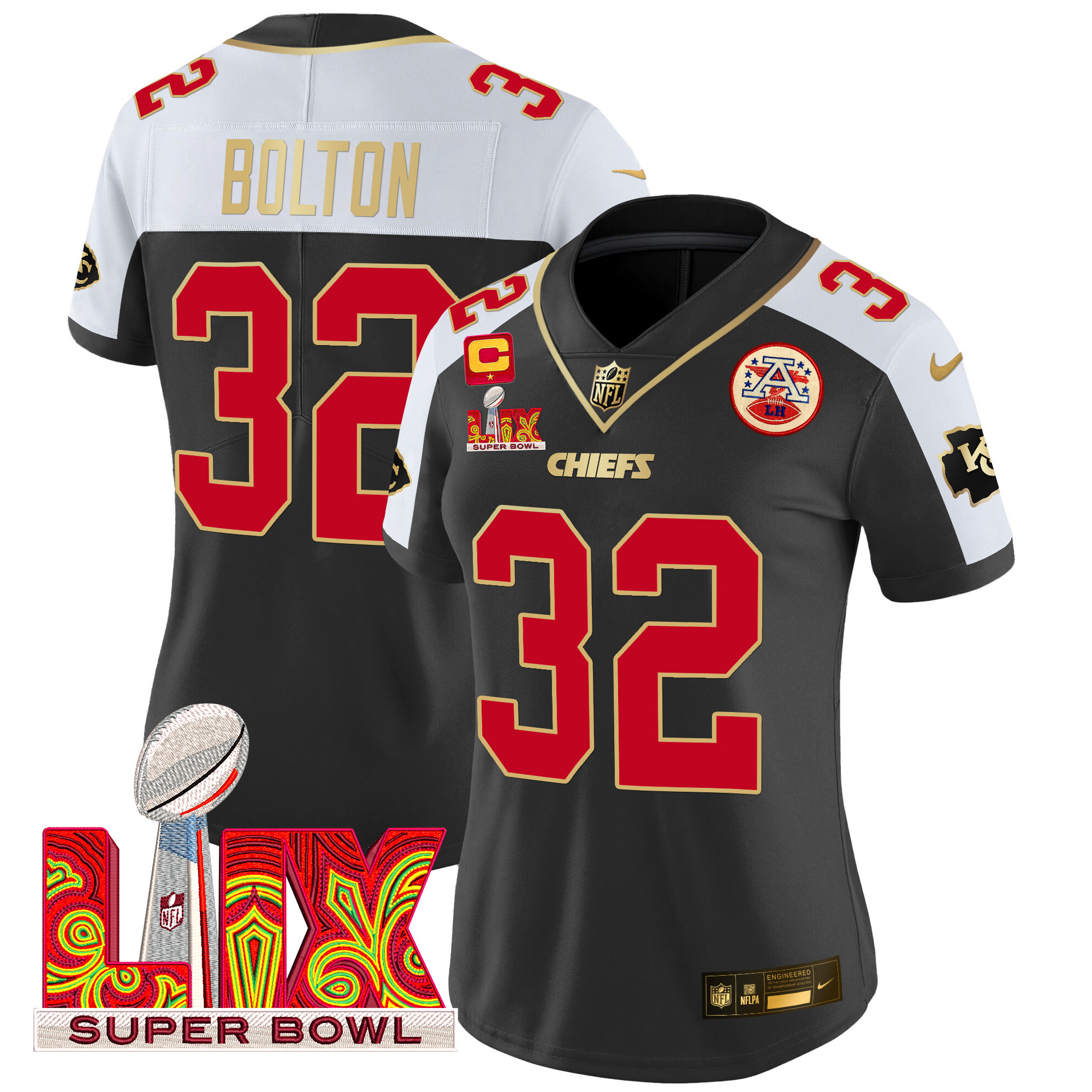 Women's Nick Bolton Kansas City Chiefs Super Bowl LIX Patch Gold Trim Vapor Limited Black Alternate Jersey - All Stitched