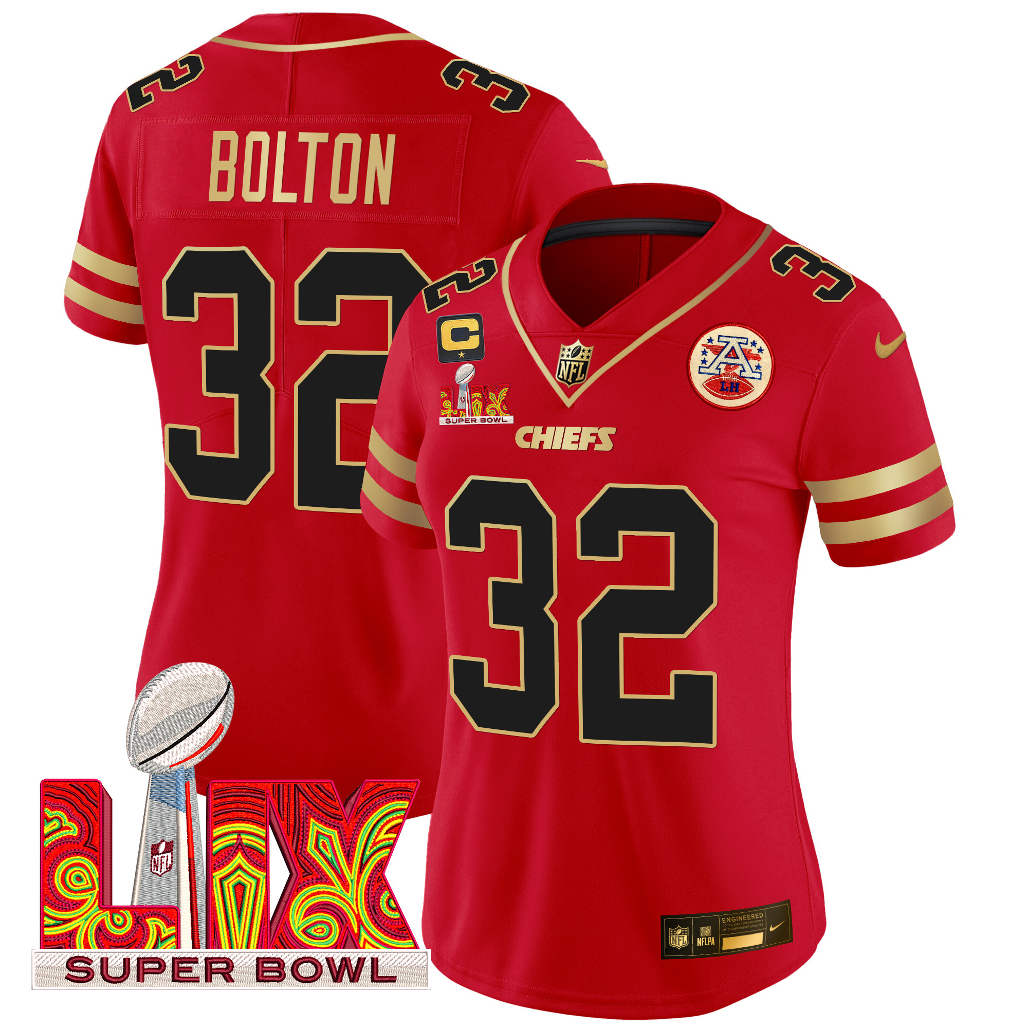 Women's Nick Bolton Kansas City Chiefs Super Bowl LIX Patch Gold Trim Vapor Limited Red Jersey - All Stitched