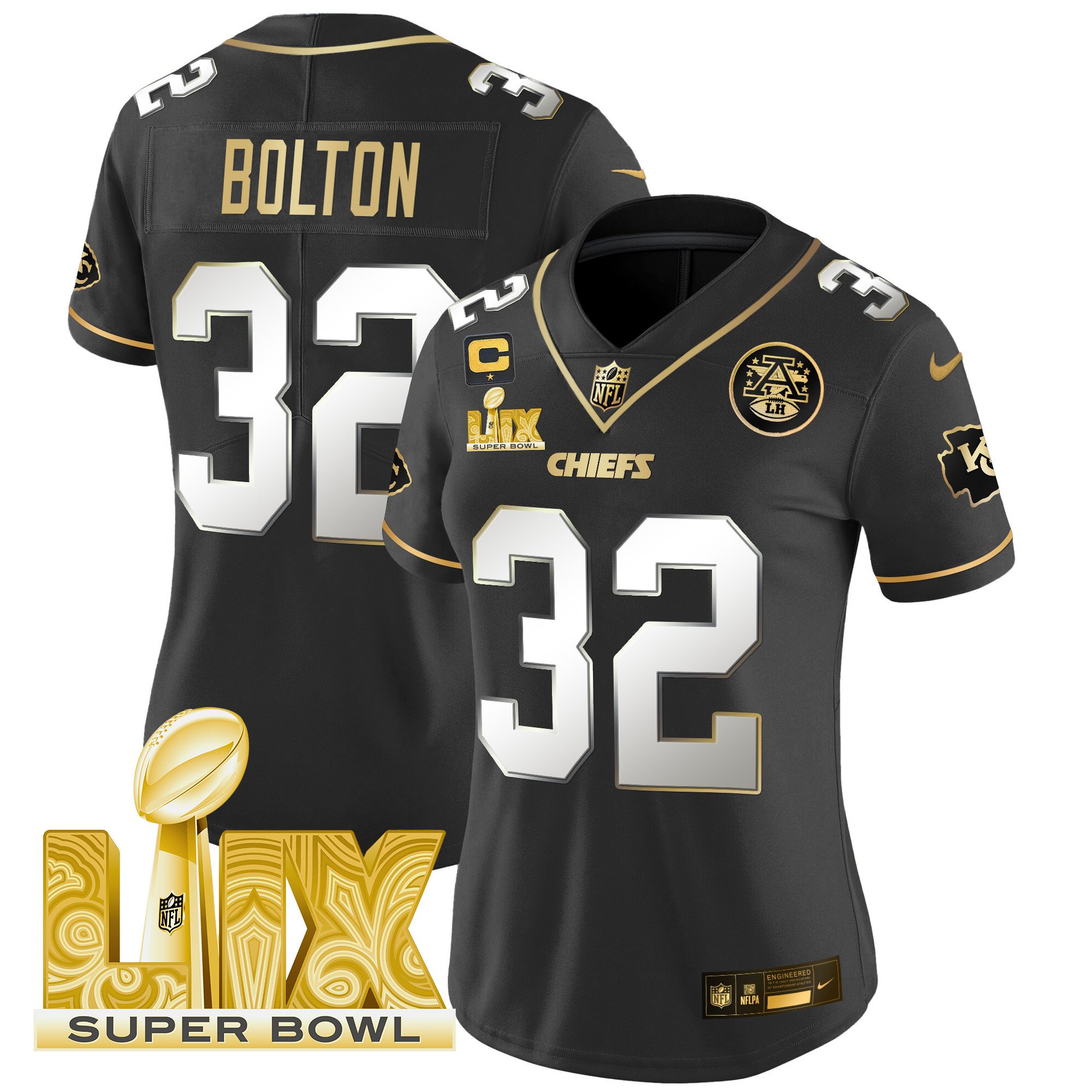 Women's Nick Bolton Kansas City Chiefs Super Bowl LIX Patch Gold Vapor Limited Black Limited Jersey - All Stitched