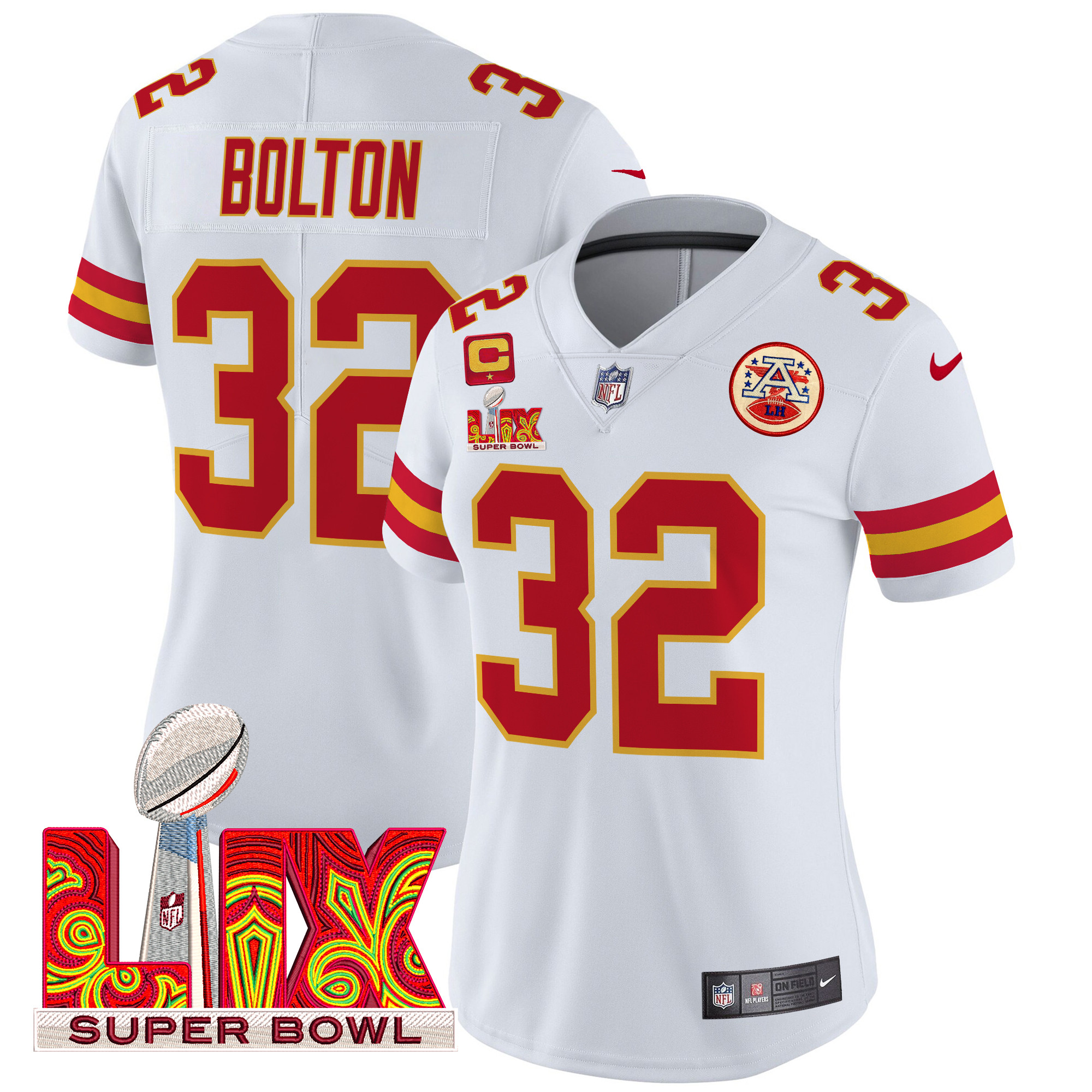 Women's Nick Bolton Kansas City Chiefs Super Bowl LIX Patch Vapor Limited White Jersey - All Stitched
