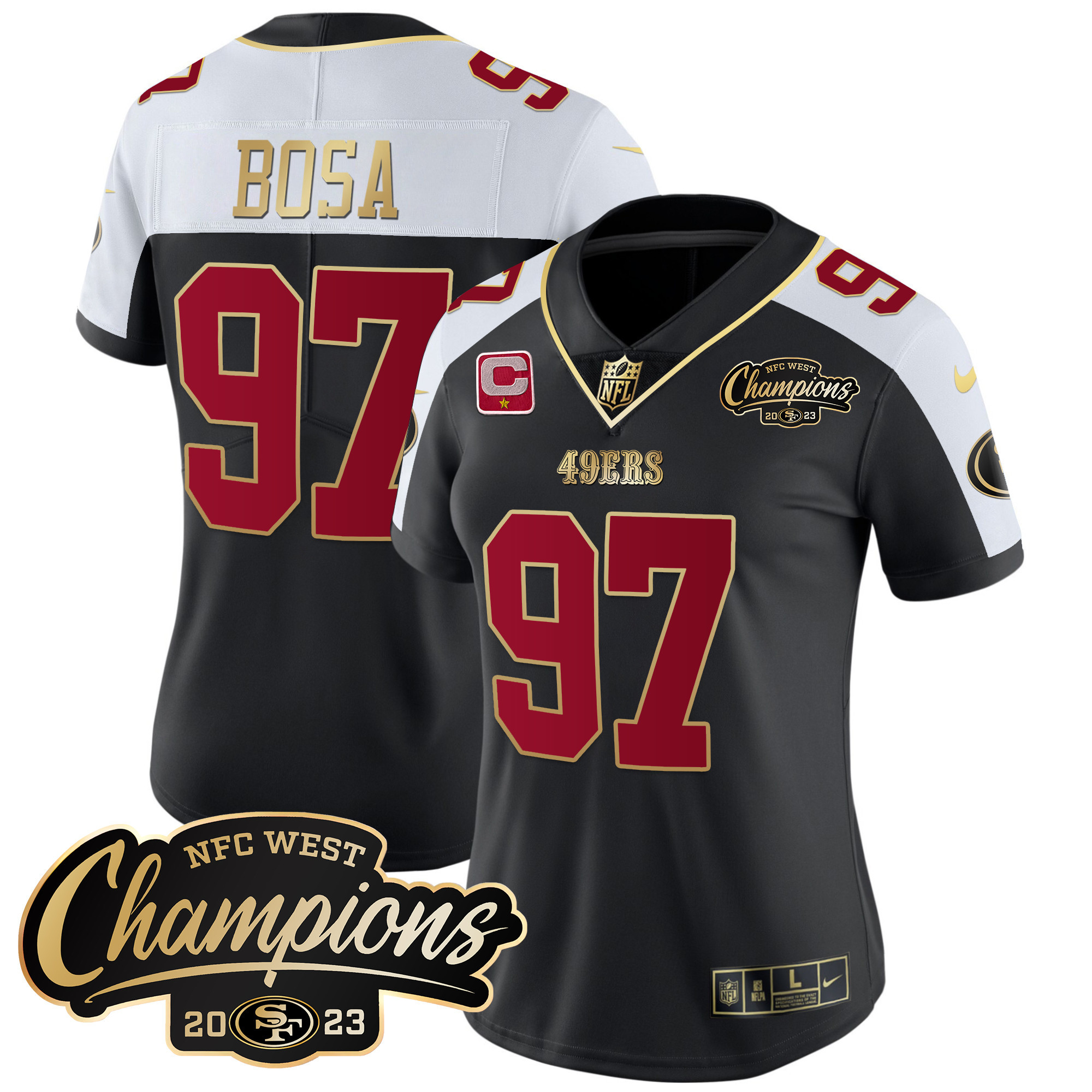 Women's Nick Bosa San Francisco 49ers 2023 NFC West Champions Patch Vapor Black Alternate Jersey - All Stitched