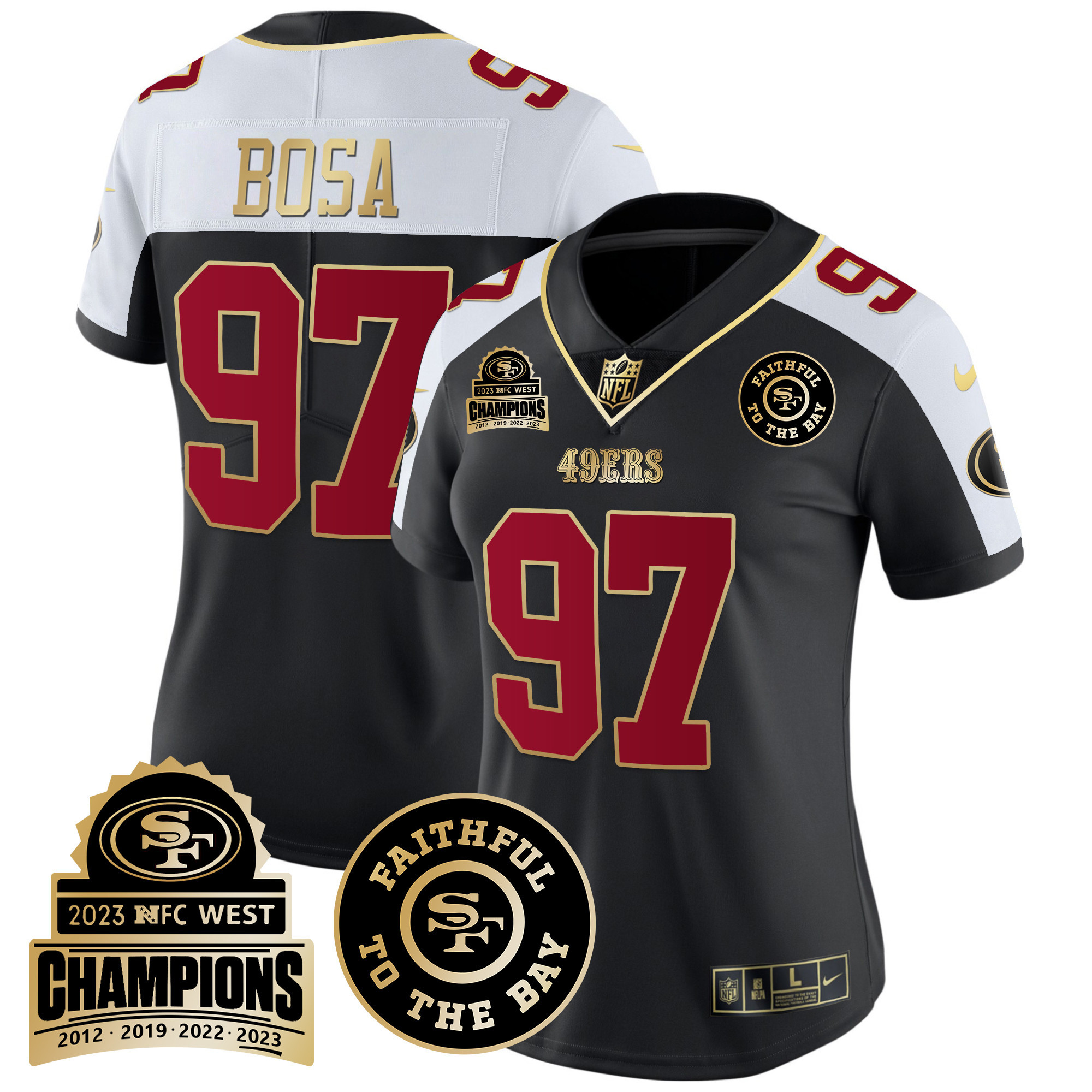 Women's Nick Bosa San Francisco 49ers 2023 NFC West Champions Patch Vapor Black Alternate Jersey V3 - All Stitched