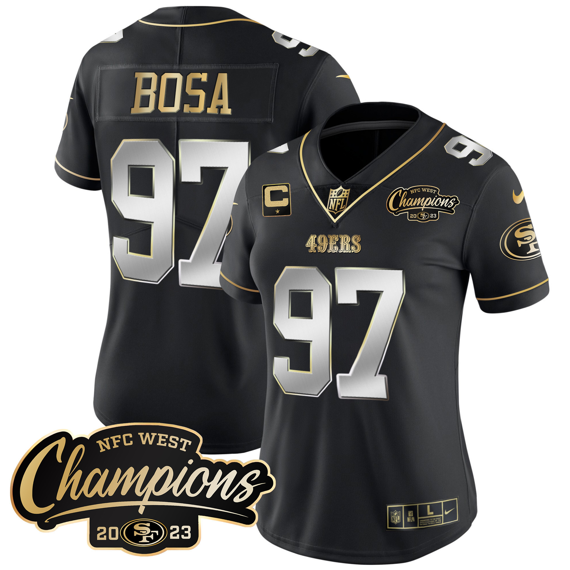 Women's Nick Bosa San Francisco 49ers 2023 NFC West Champions Patch Vapor Black Limited Jersey - All Stitched