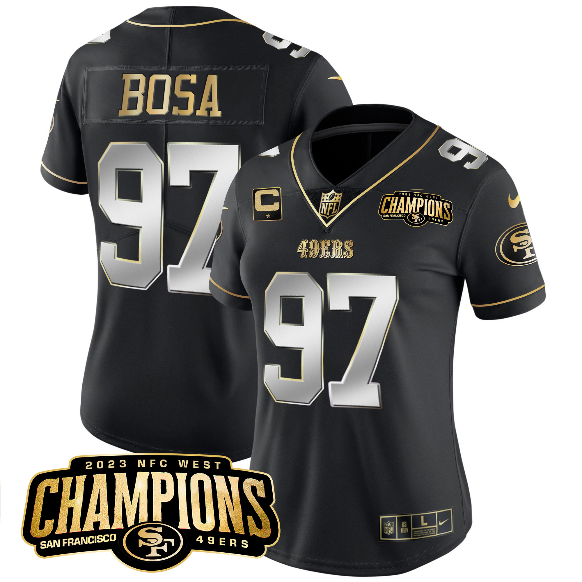 Women's Nick Bosa San Francisco 49ers 2023 NFC West Champions Patch Vapor Black Limited Jersey V2 - All Stitched
